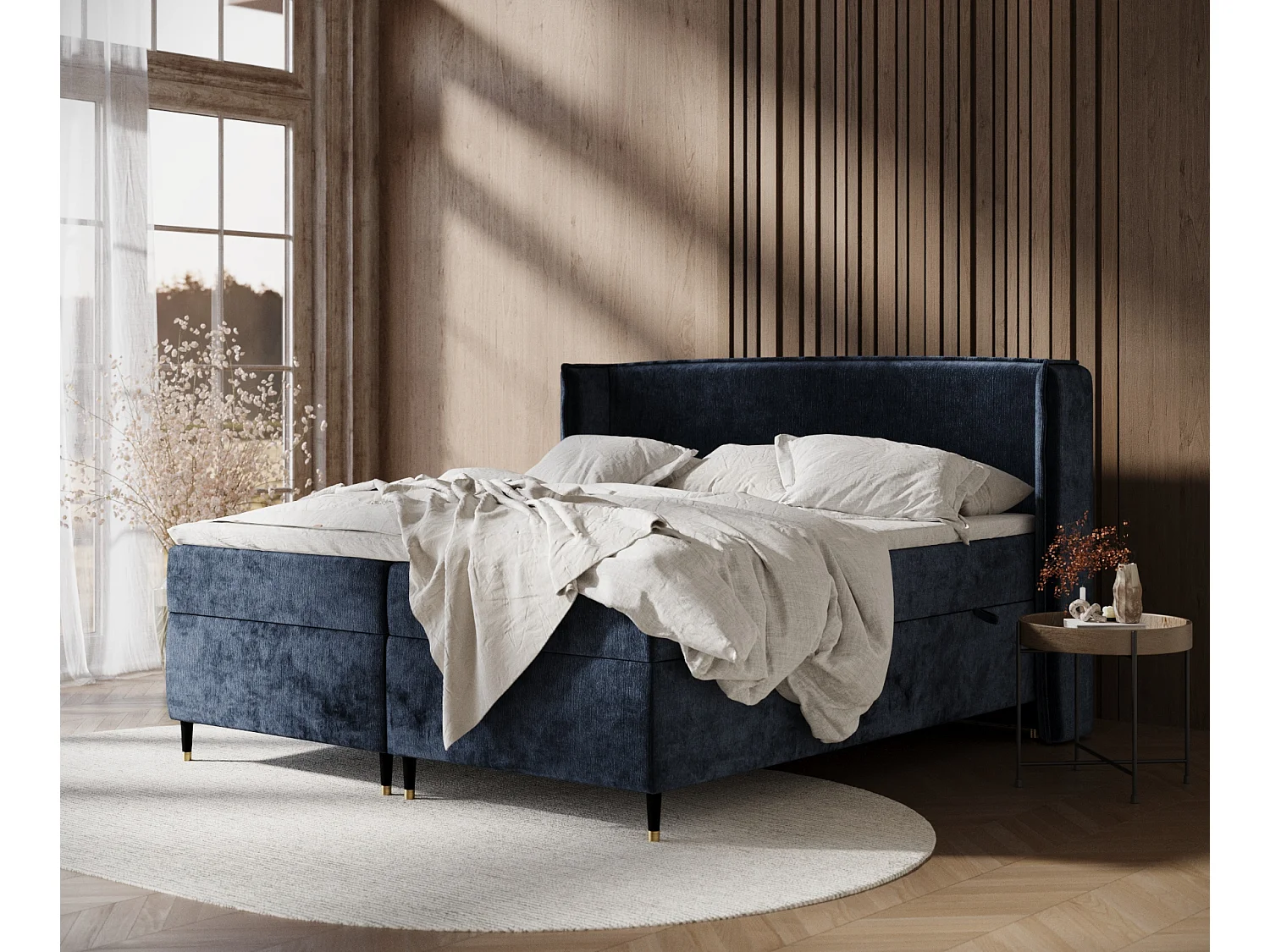 Łóżko boxspring w tkaninie szenilowej Segni – materac – topper – 140×200 cm – granatowy 3981687