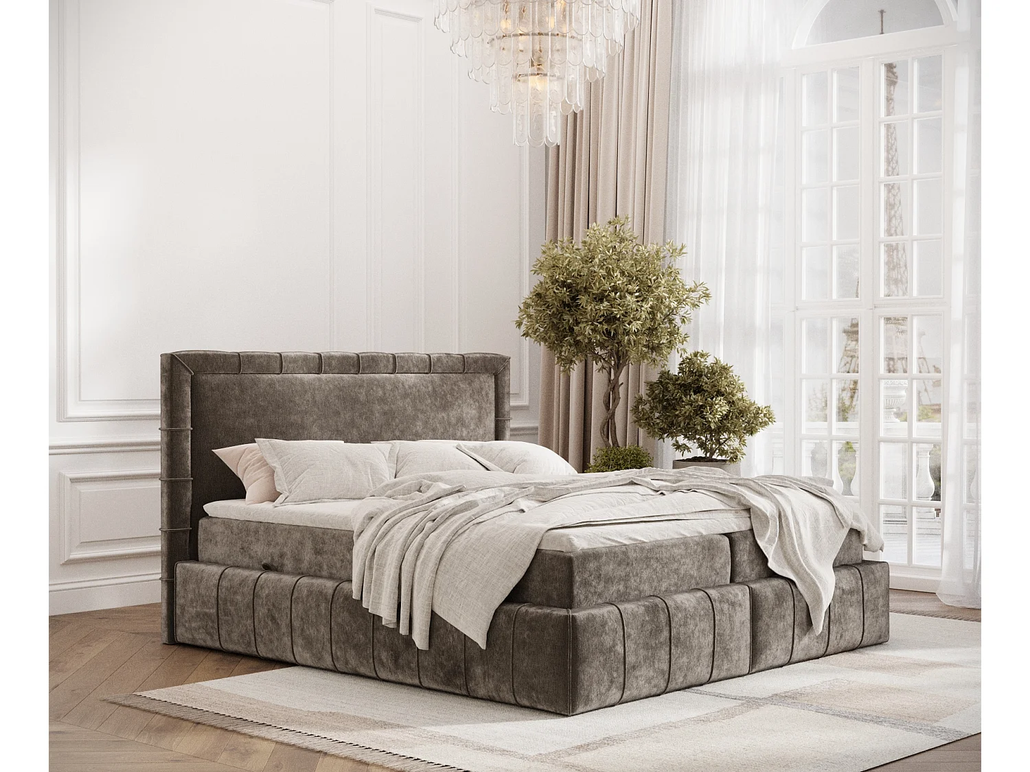 Łóżko boxspring w tkaninie szenilowej Sundown - materac - topper - 180x200 cm - brązowy 3981690 - obrazek 1