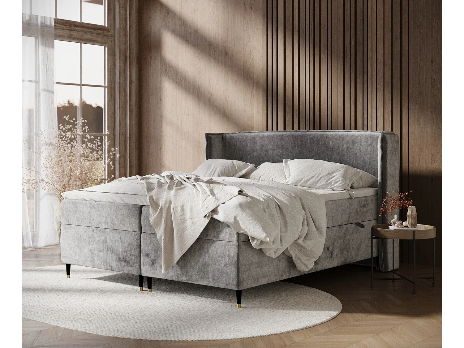 Łóżko boxspring w tkaninie szenilowej Segni - materac - topper - 180x200 cm - szary 3981689 - obrazek 1