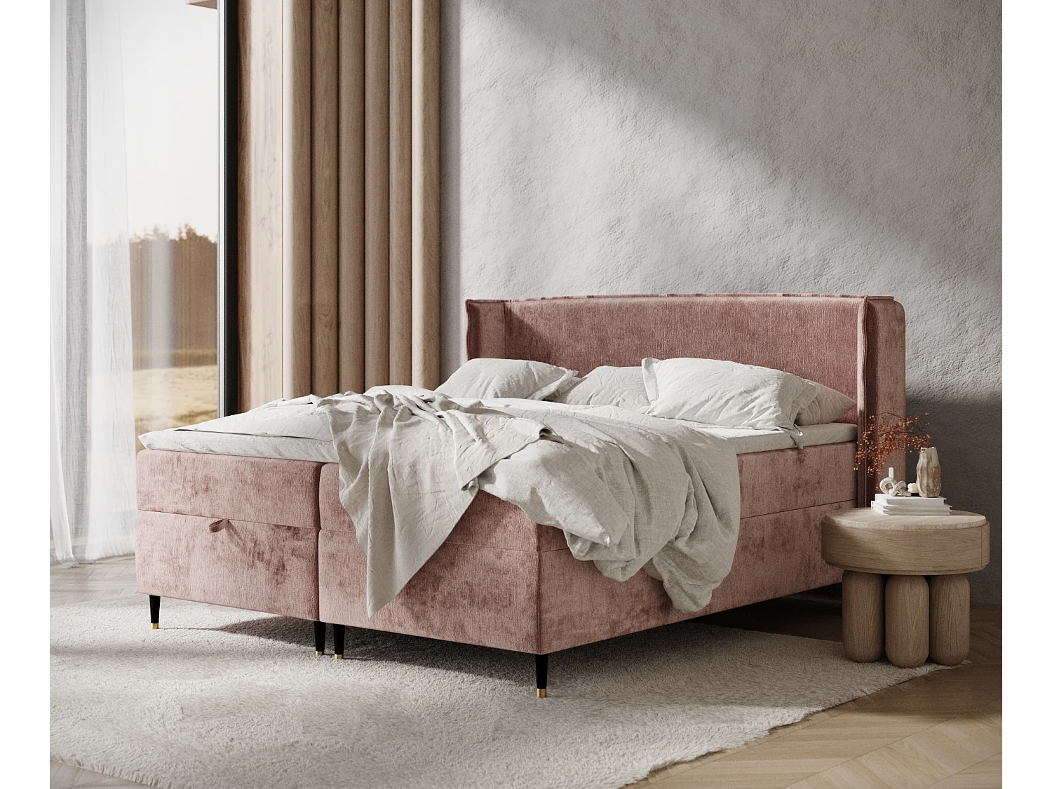 Łóżko boxspring w tkaninie szenilowej Monpelli - materac - topper - 200x200 cm - różowy 3981703 - obrazek 1