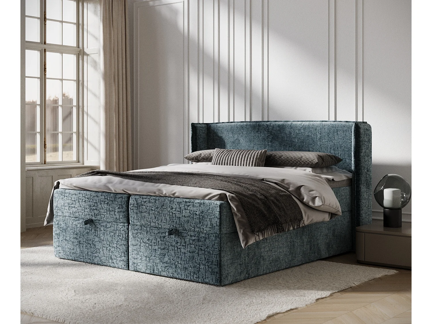 Łóżko boxspring w tkaninie szenilowej Passion - materac - topper - 160x200 cm - niebieski 3981707 - obrazek 1