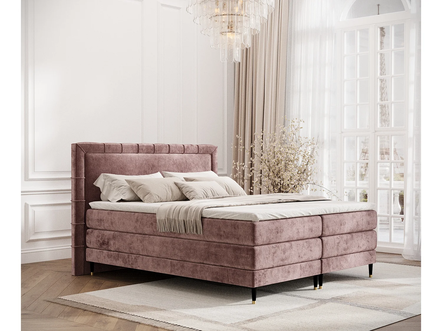 Łóżko boxspring w tkaninie szenilowej Rimini - materac - topper - 140x200 cm - różowy 3981709 - obrazek 1