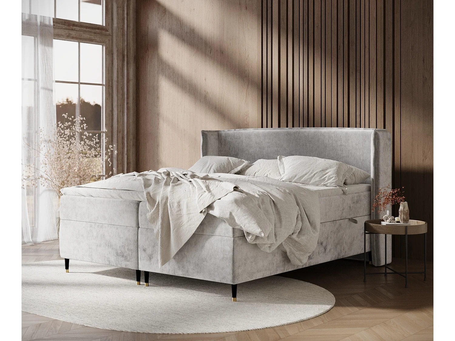 Łóżko boxspring w tkaninie szenilowej Segni - materac - topper - 140x200 cm - jasnoszary 3981713 - obrazek 1