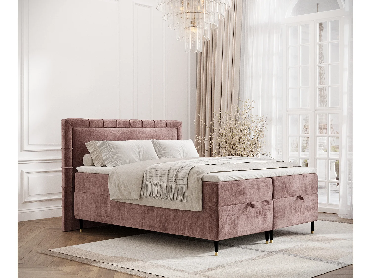 Łóżko boxspring w tkaninie szenilowej Voyage - materac - topper - 140x200 cm - różowy 3981714 - obrazek 1