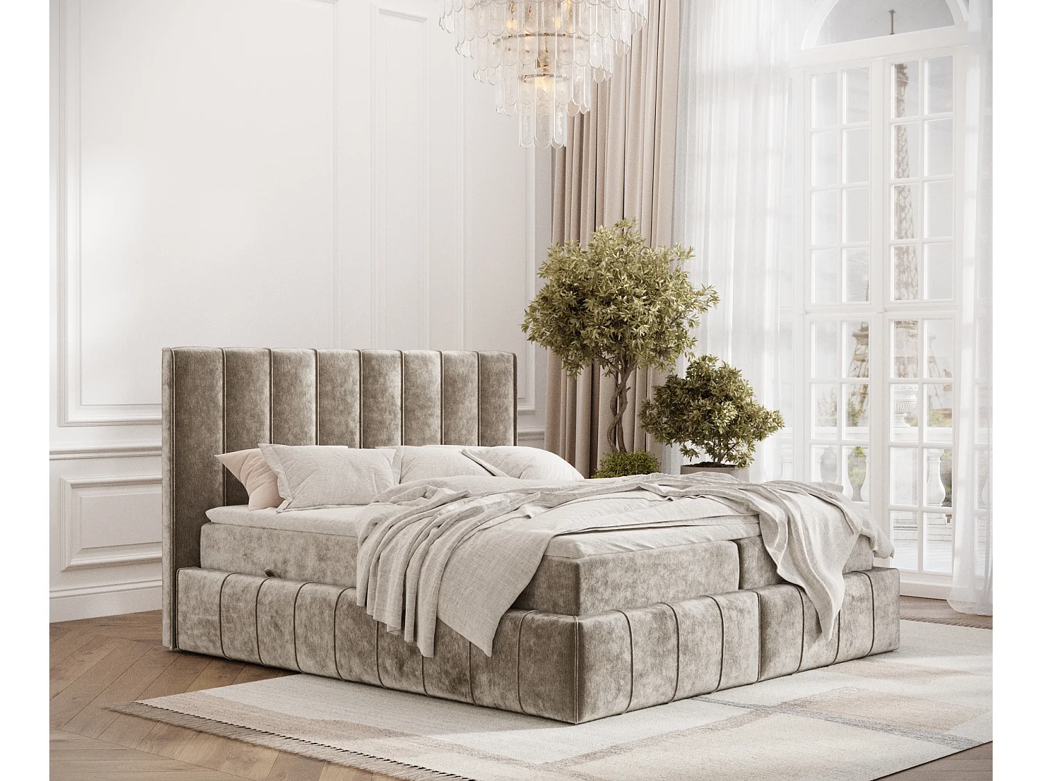 Łóżko boxspring w tkaninie szenilowej Moretti – materac – topper – 160×200 cm – beżowy 3981736