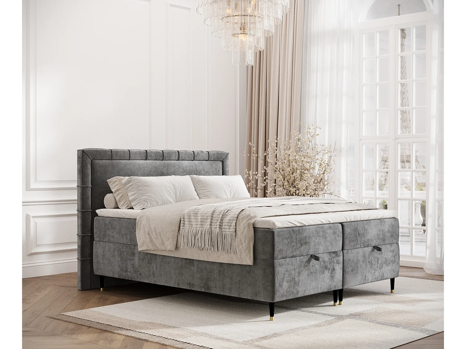 Łóżko boxspring w tkaninie szenilowej Voyage - materac - topper - 140x200 cm - szary 3981738 - obrazek 1