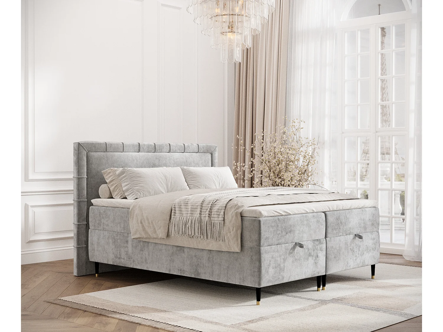 Łóżko boxspring w tkaninie szenilowej Voyage - materac - topper - 160x200 cm - jasnoszary 3981742 - obrazek 1