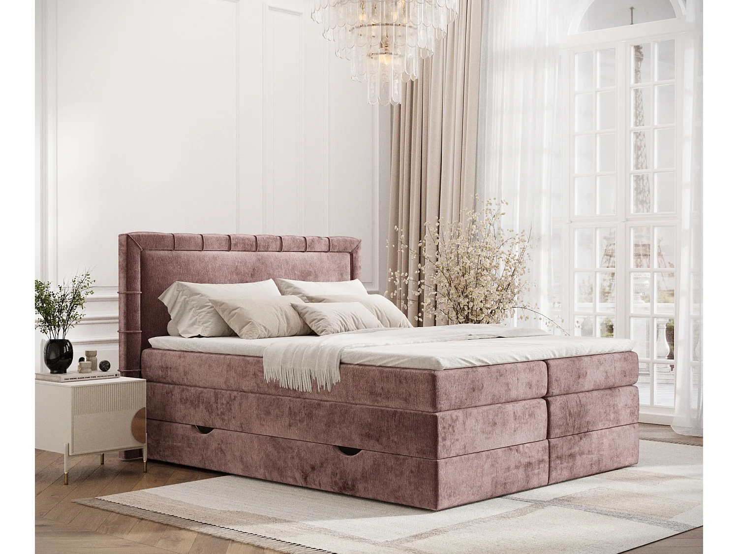 Łóżko boxspring w tkaninie szenilowej Rosabel - materac - topper - 140x200 cm - różowy 3981752 - obrazek 1