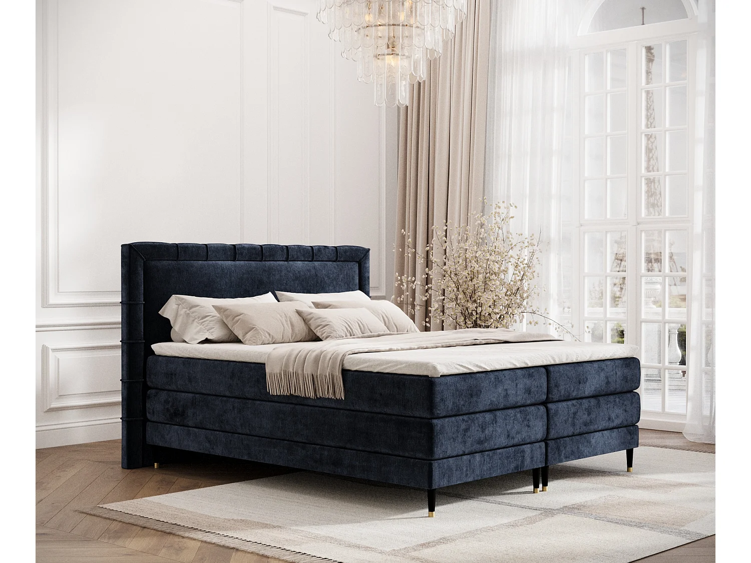 Łóżko boxspring w tkaninie szenilowej Rimini - materac - topper - 180x200 cm - granatowy 3981776 - obrazek 1