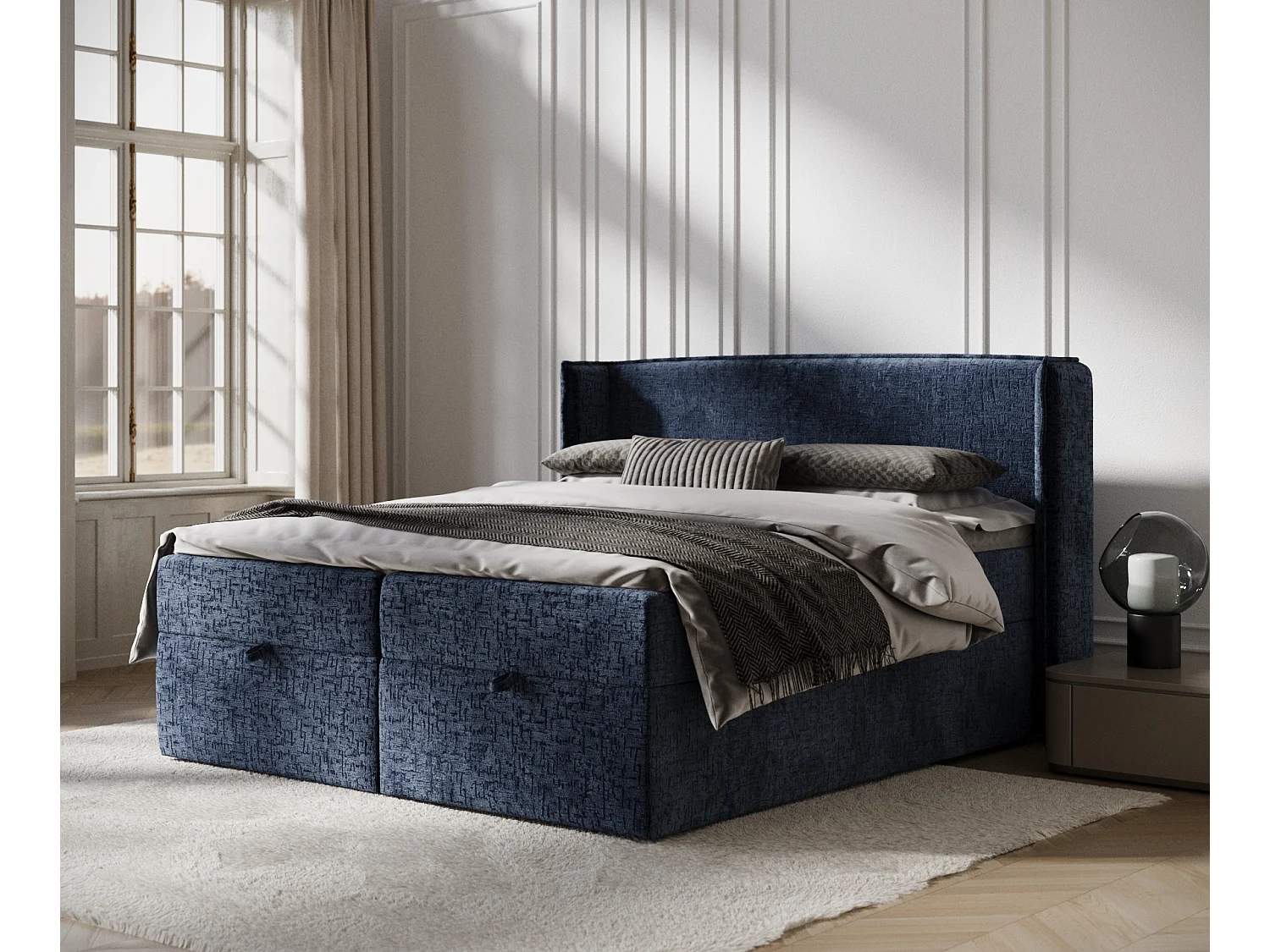 Łóżko boxspring w tkaninie szenilowej Passion - materac - topper - 140x200 cm - granatowy 3981780 - obrazek 1