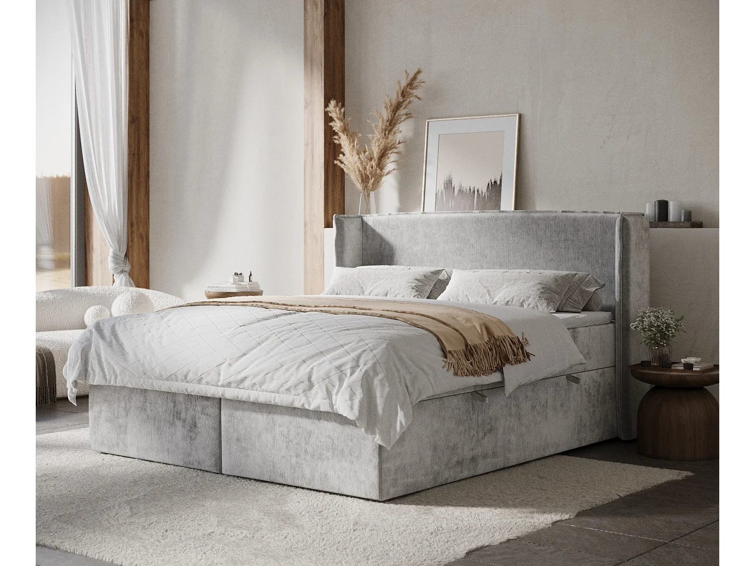 Łóżko boxspring w tkaninie szenilowej Skyline - materac - topper - 200x200 cm - jasnoszary 3981799 - obrazek 1