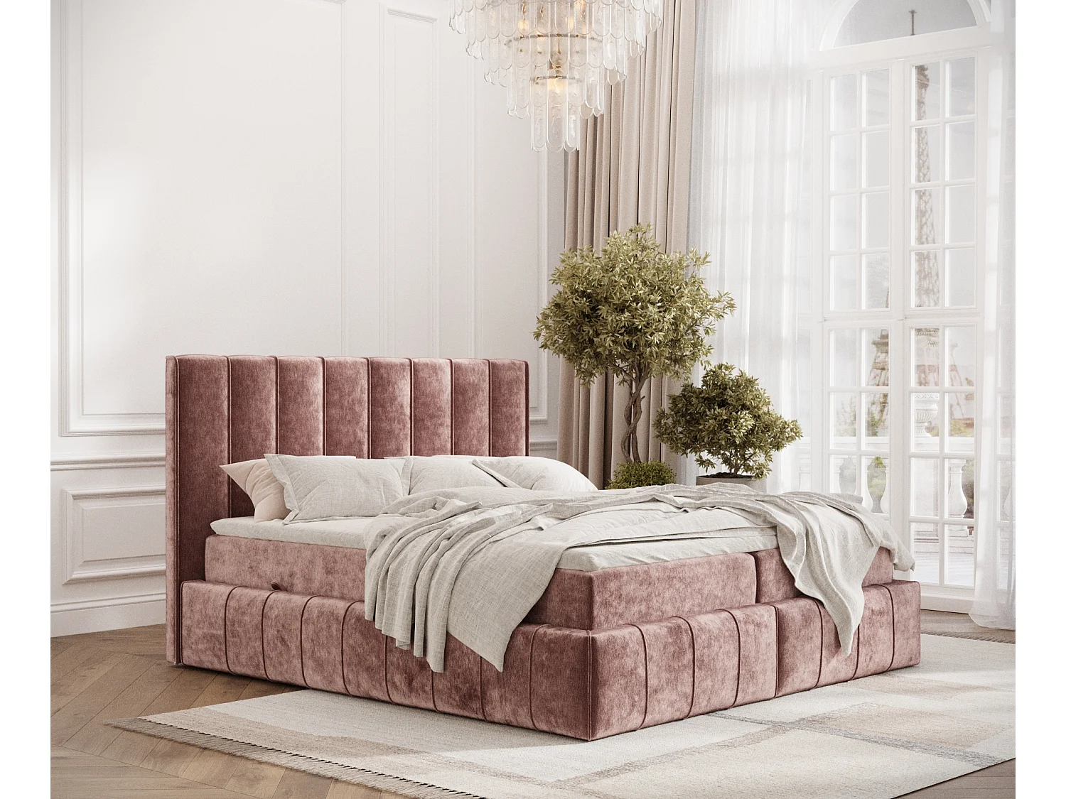 Łóżko boxspring w tkaninie szenilowej Moretti – materac – topper – 140×200 cm – różowy 3981811