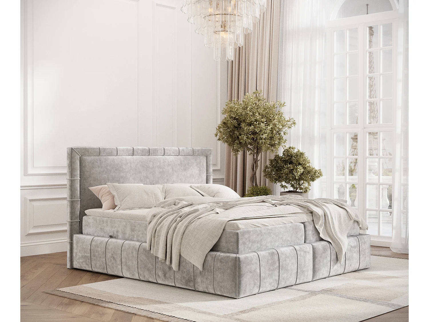 Łóżko boxspring w tkaninie szenilowej Sundown - materac - topper - 200x200 cm - jasnoszary 3981821 - obrazek 1