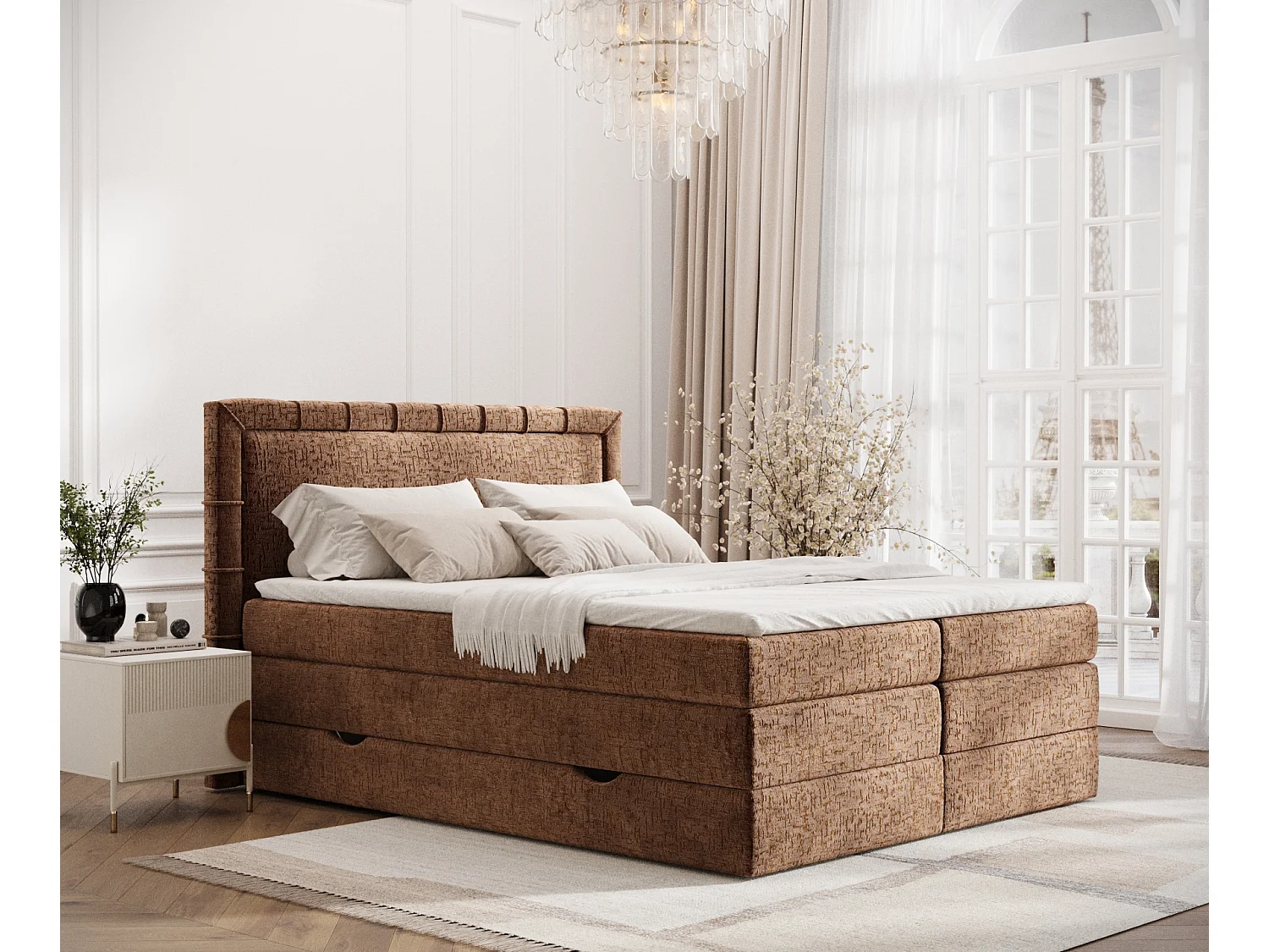 Łóżko boxspring w tkaninie szenilowej Rosabel - materac - topper - 160x200 cm - miedziany 3981827 - obrazek 1