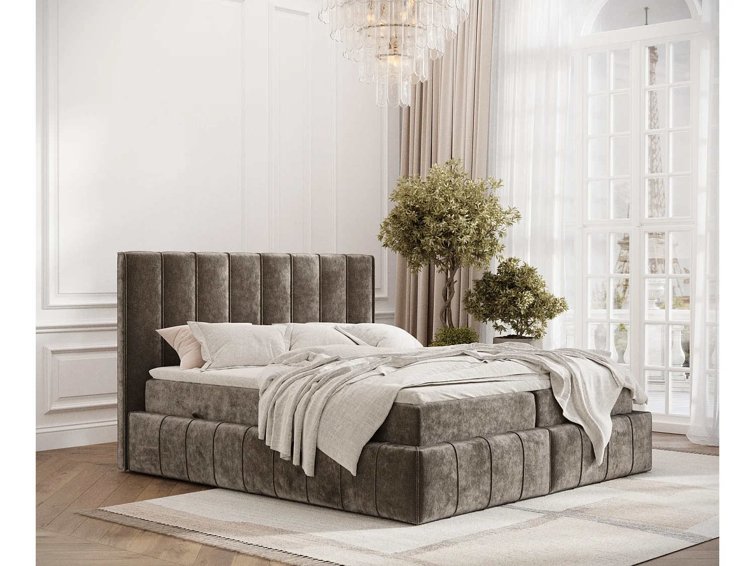 Łóżko boxspring w tkaninie szenilowej Moretti – materac – topper – 160×200 cm – brązowy 3981844