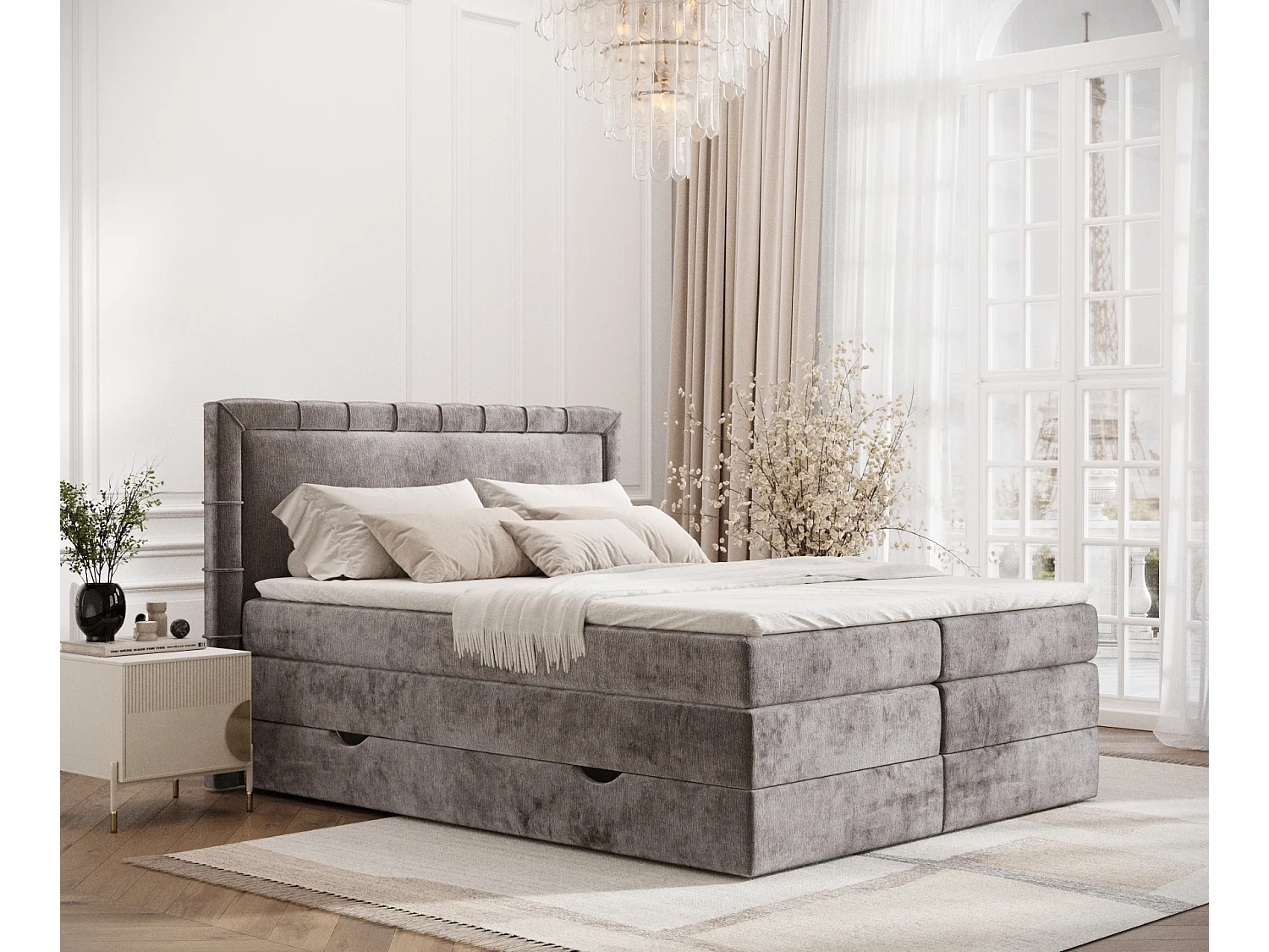 Łóżko boxspring w tkaninie szenilowej Rosabel - materac - topper - 140x200 cm - beżowy 3981850 - obrazek 1