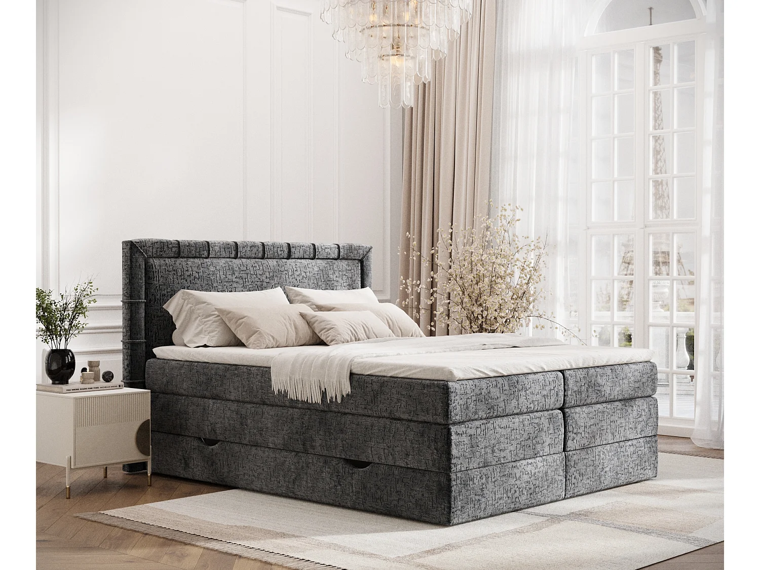 Łóżko boxspring w tkaninie szenilowej Rosabel - materac - topper - 180x200 cm - antracytowy 3981862 - obrazek 1