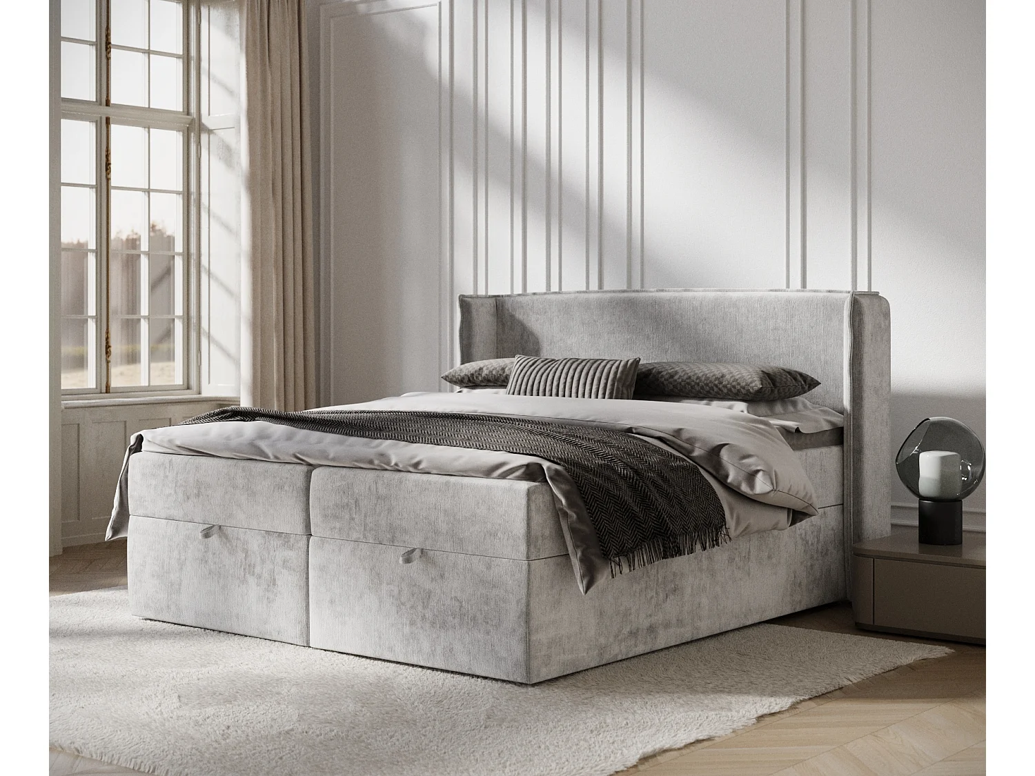 Łóżko boxspring w tkaninie szenilowej Passion – materac – topper – 160×200 cm – jasnoszary 3981870