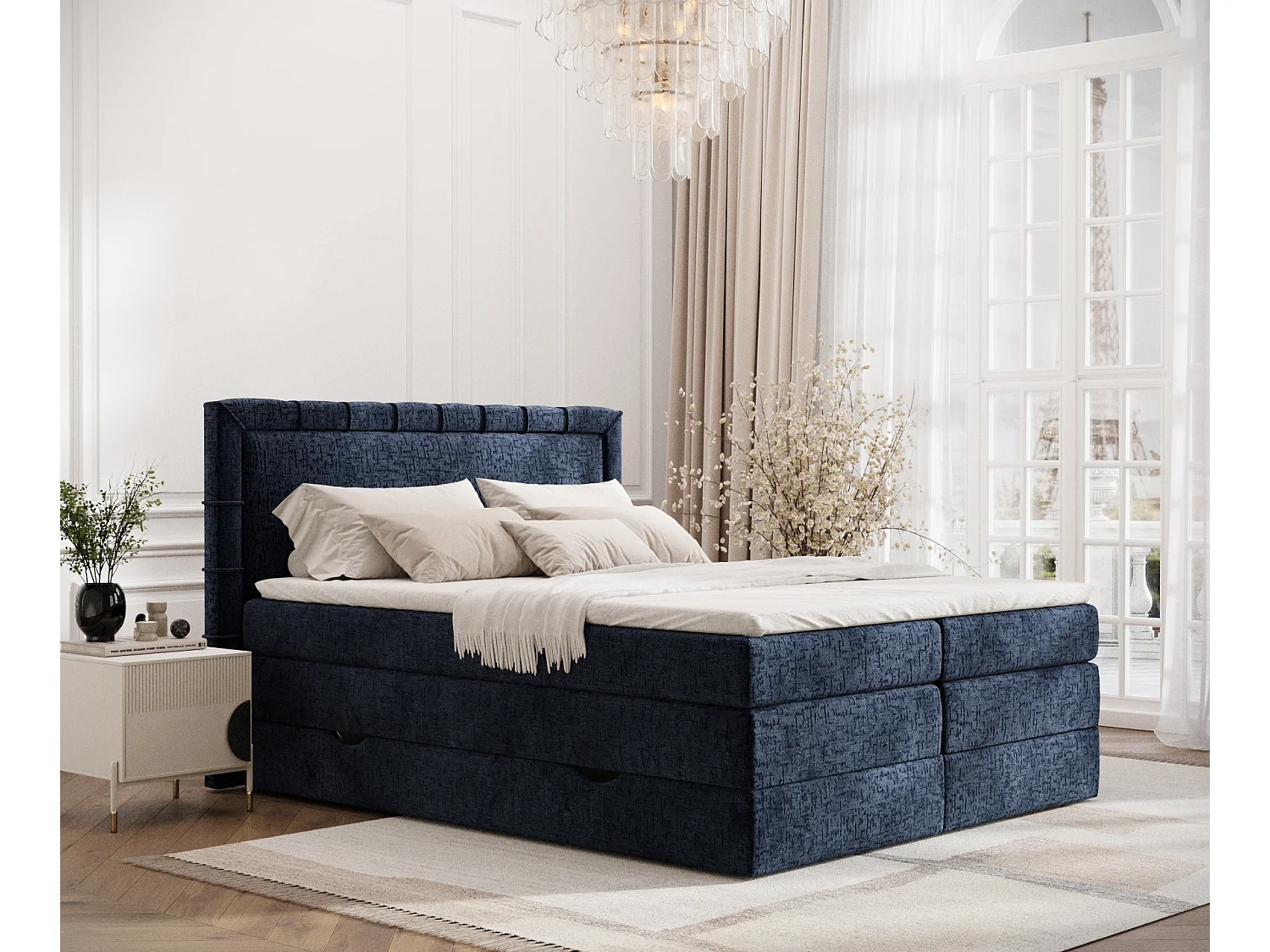 Łóżko boxspring w tkaninie szenilowej Rosabel - materac - topper - 160x200 cm - granatowy 3981892 - obrazek 1
