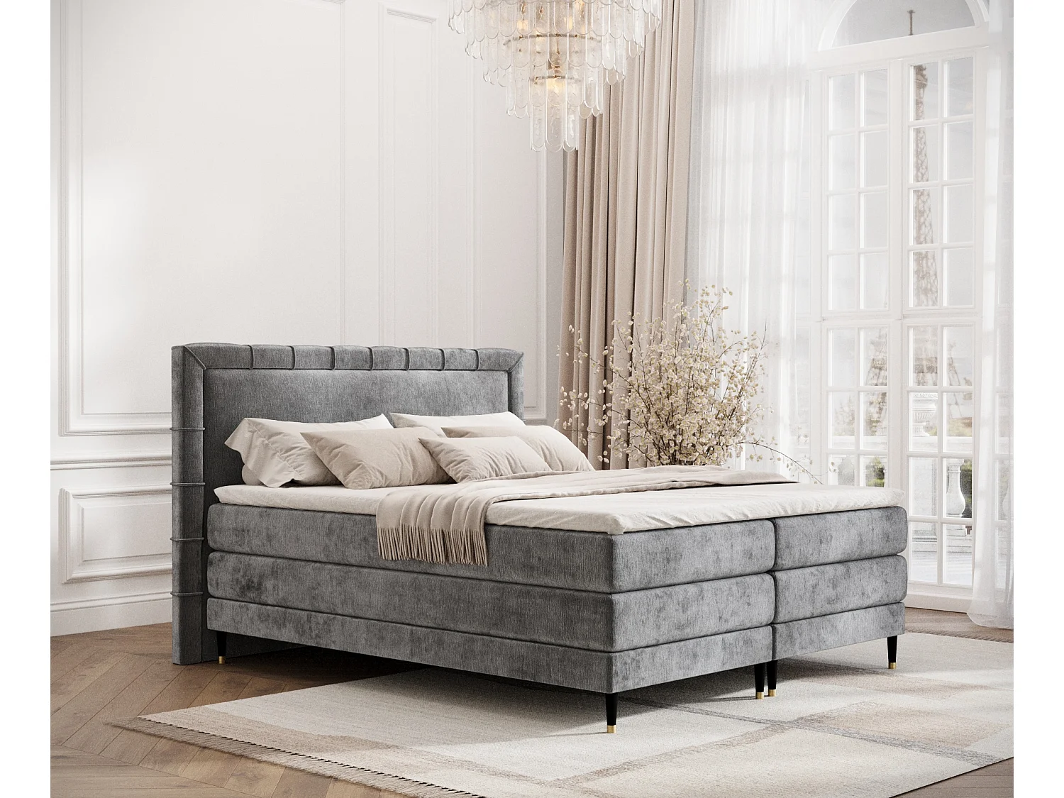 Łóżko boxspring w tkaninie szenilowej Rimini - materac - topper - 200x200 cm - szary 3981891 - obrazek 1