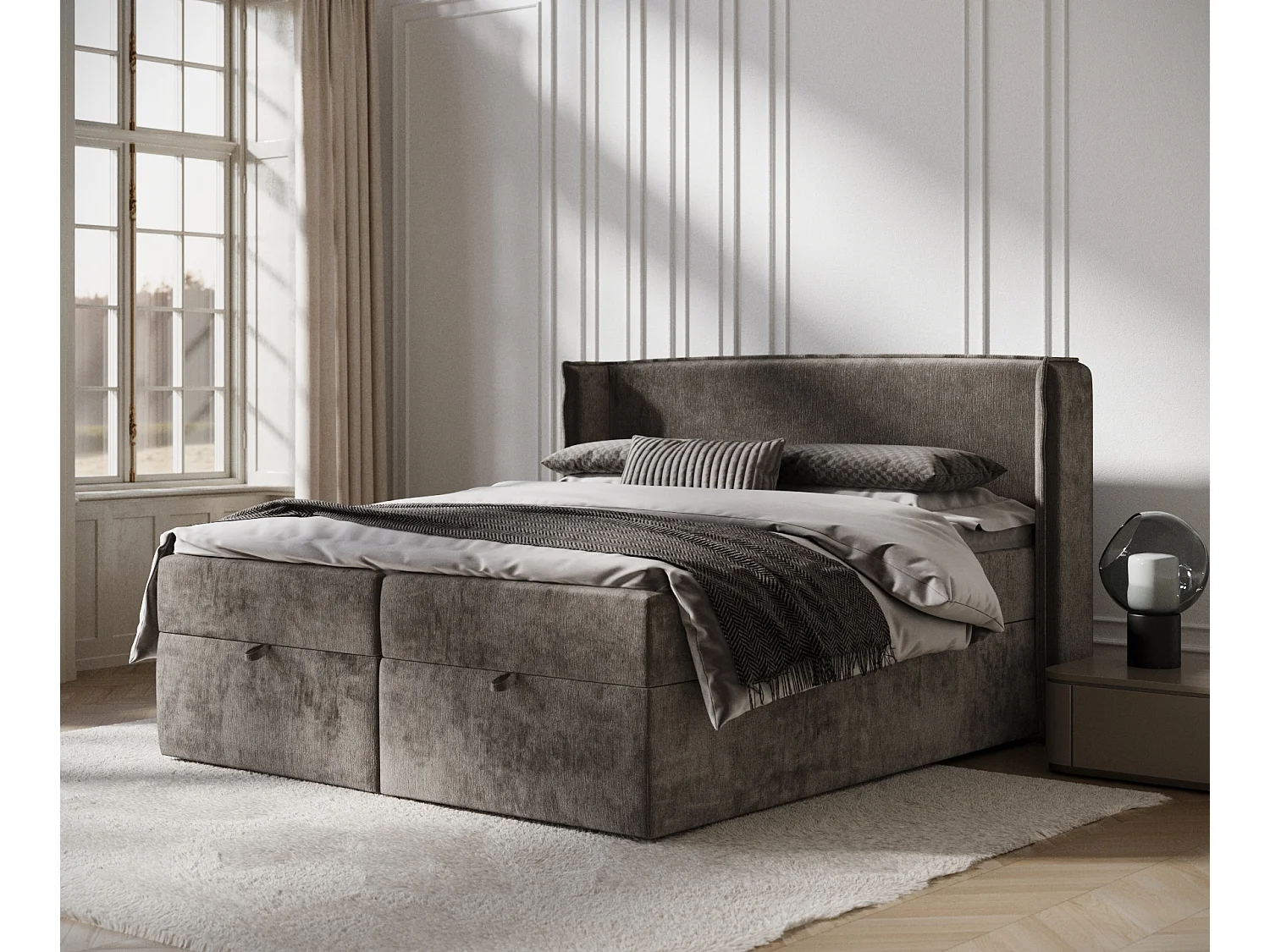 Łóżko boxspring w tkaninie szenilowej Passion – materac – topper – 140×200 cm – brązowy 3981901