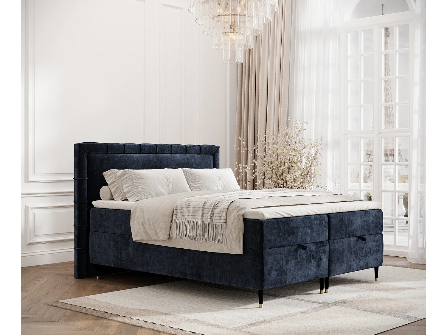 Łóżko boxspring w tkaninie szenilowej Voyage - materac - topper - 140x200 cm - granatowy 3981917 - obrazek 1