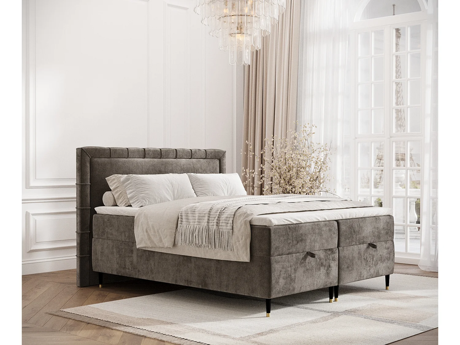 Łóżko boxspring w tkaninie szenilowej Voyage - materac - topper - 140x200 cm - brązowy 3981977 - obrazek 1