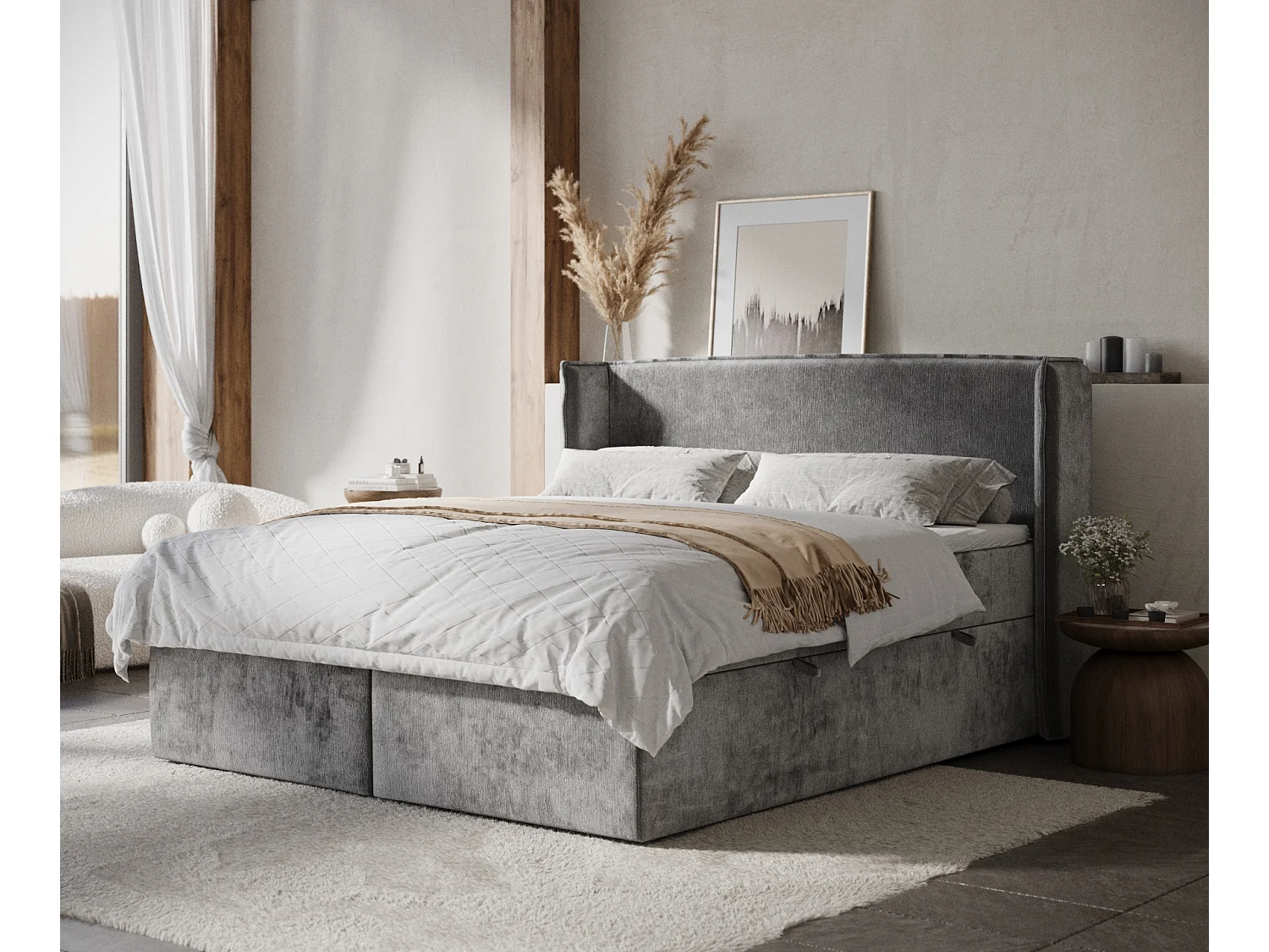 Łóżko boxspring w tkaninie szenilowej Skyline - materac - topper - 140x200 cm - szary 3982021 - obrazek 1