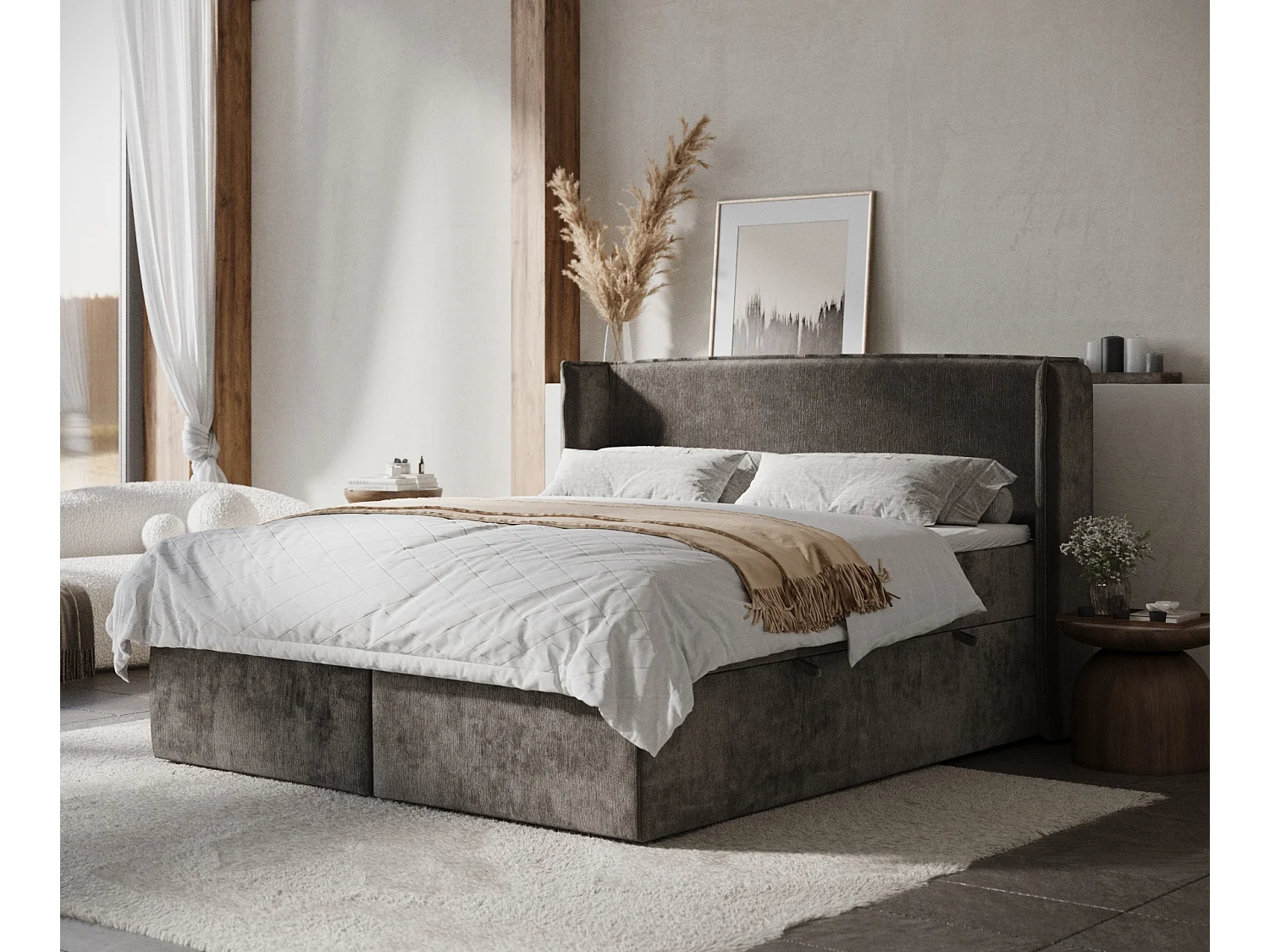 Łóżko boxspring w tkaninie szenilowej Skyline - materac - topper - 140x200 cm - brązowy 3982041 - obrazek 1