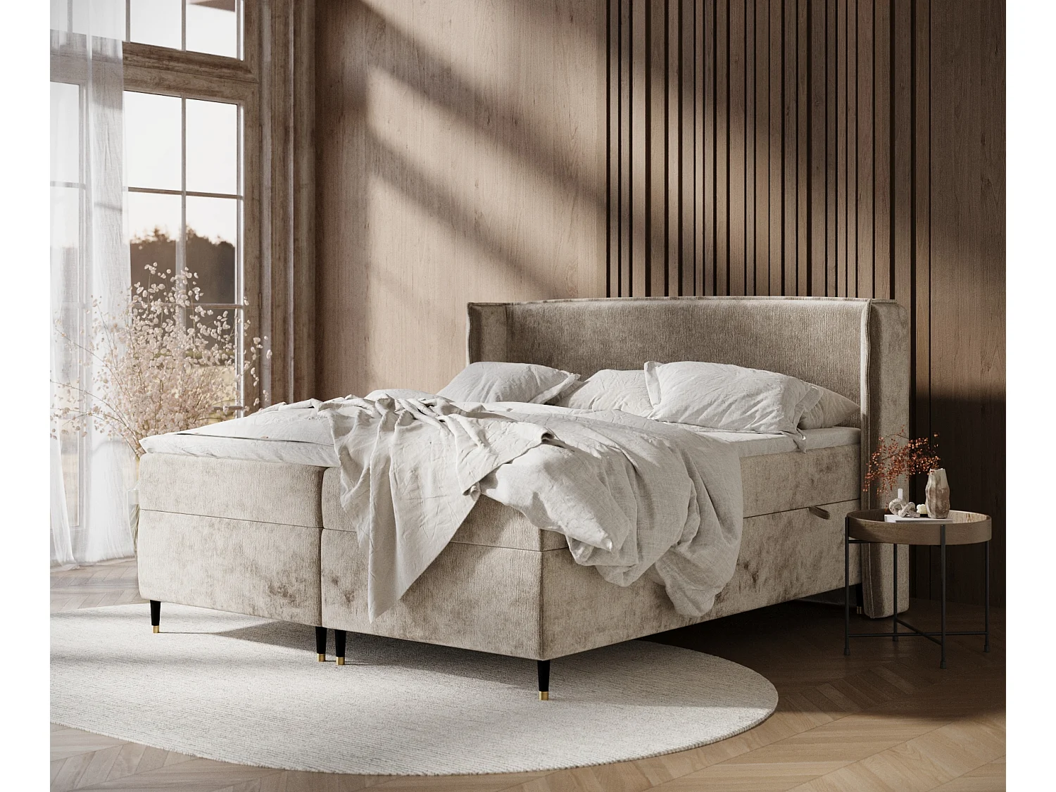 Łóżko boxspring w tkaninie szenilowej Segni – materac – topper – 140×200 cm – beżowy 3982043
