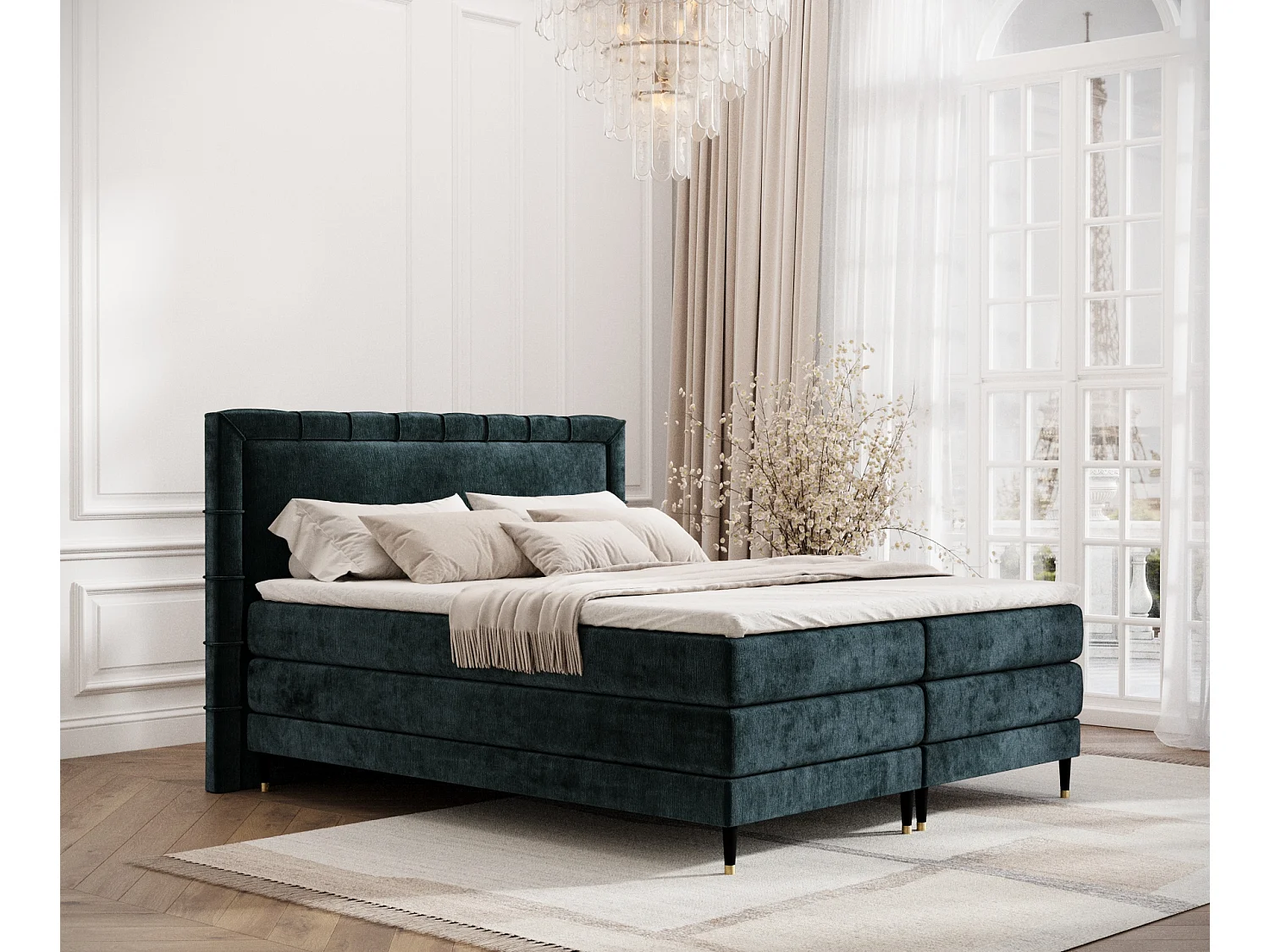 Łóżko boxspring w tkaninie szenilowej Rimini - materac - topper - 160x200 cm - teal 3982055 - obrazek 1