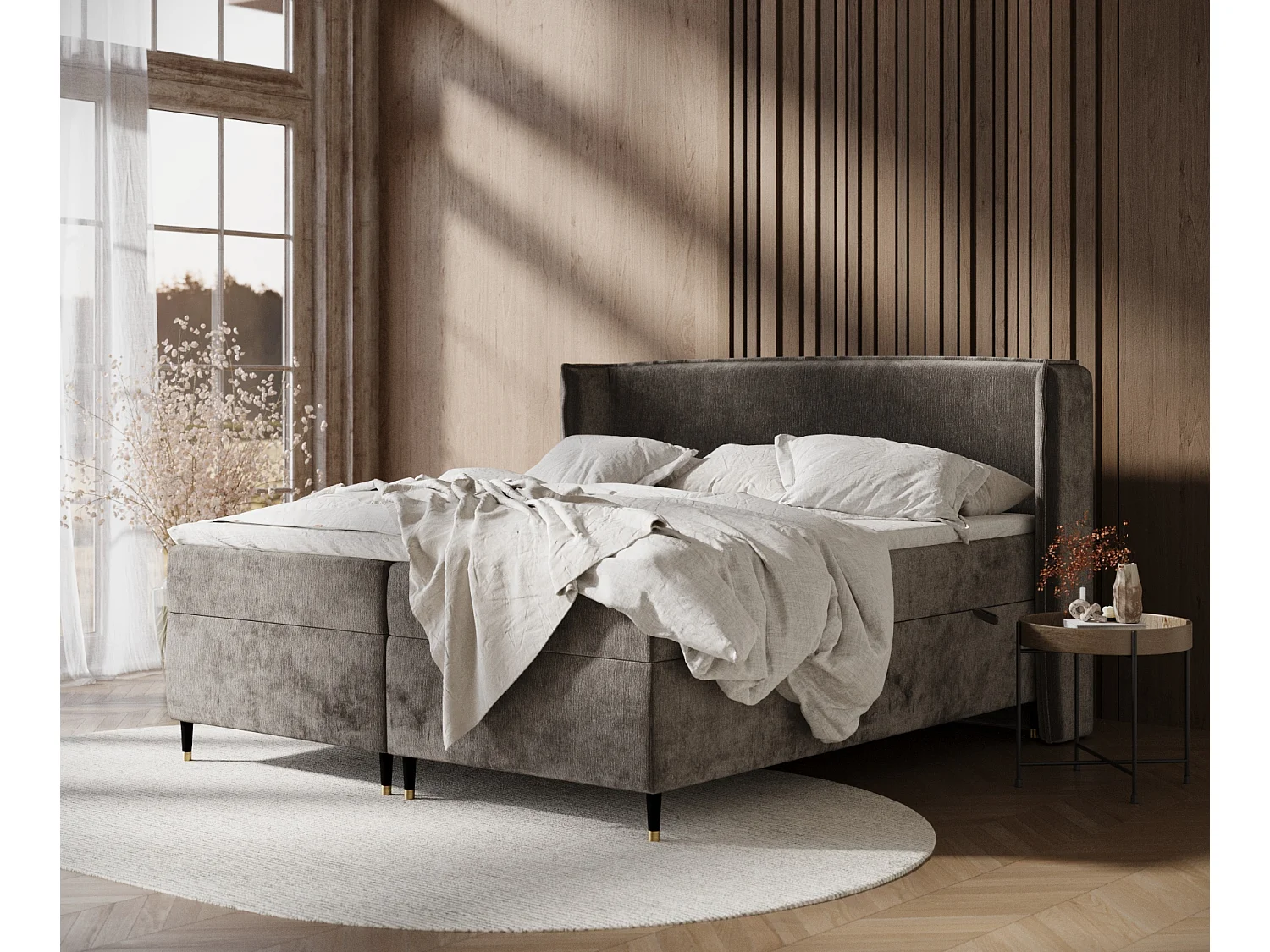 Łóżko boxspring w tkaninie szenilowej Segni – materac – topper – 160×200 cm – brązowy 3982111