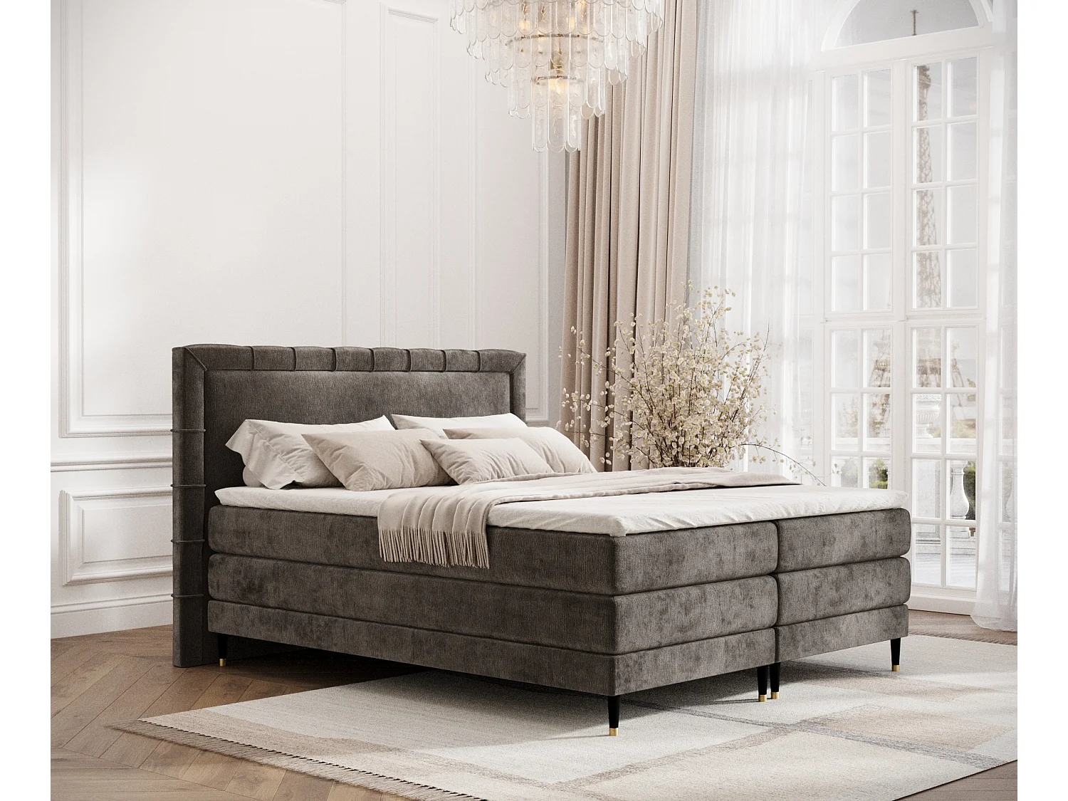 Łóżko boxspring w tkaninie szenilowej Rimini - materac - topper - 200x200 cm - brązowy 3982112 - obrazek 1