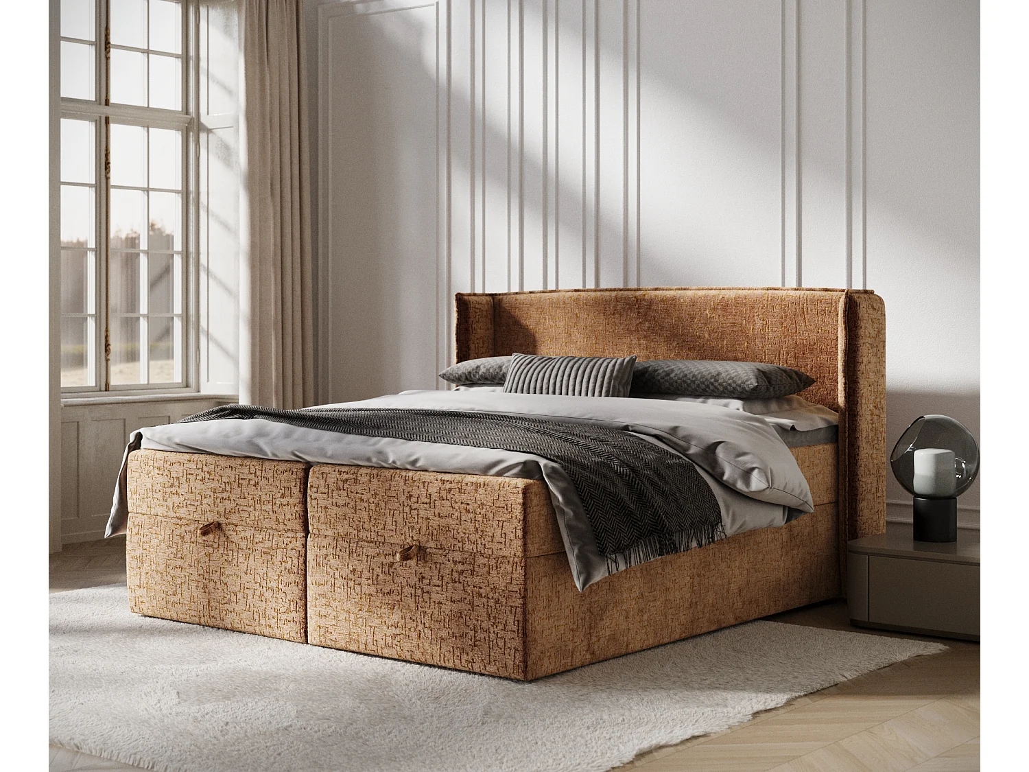 Łóżko boxspring w tkaninie szenilowej Passion – materac – topper – 160×200 cm – miedziany 3982562