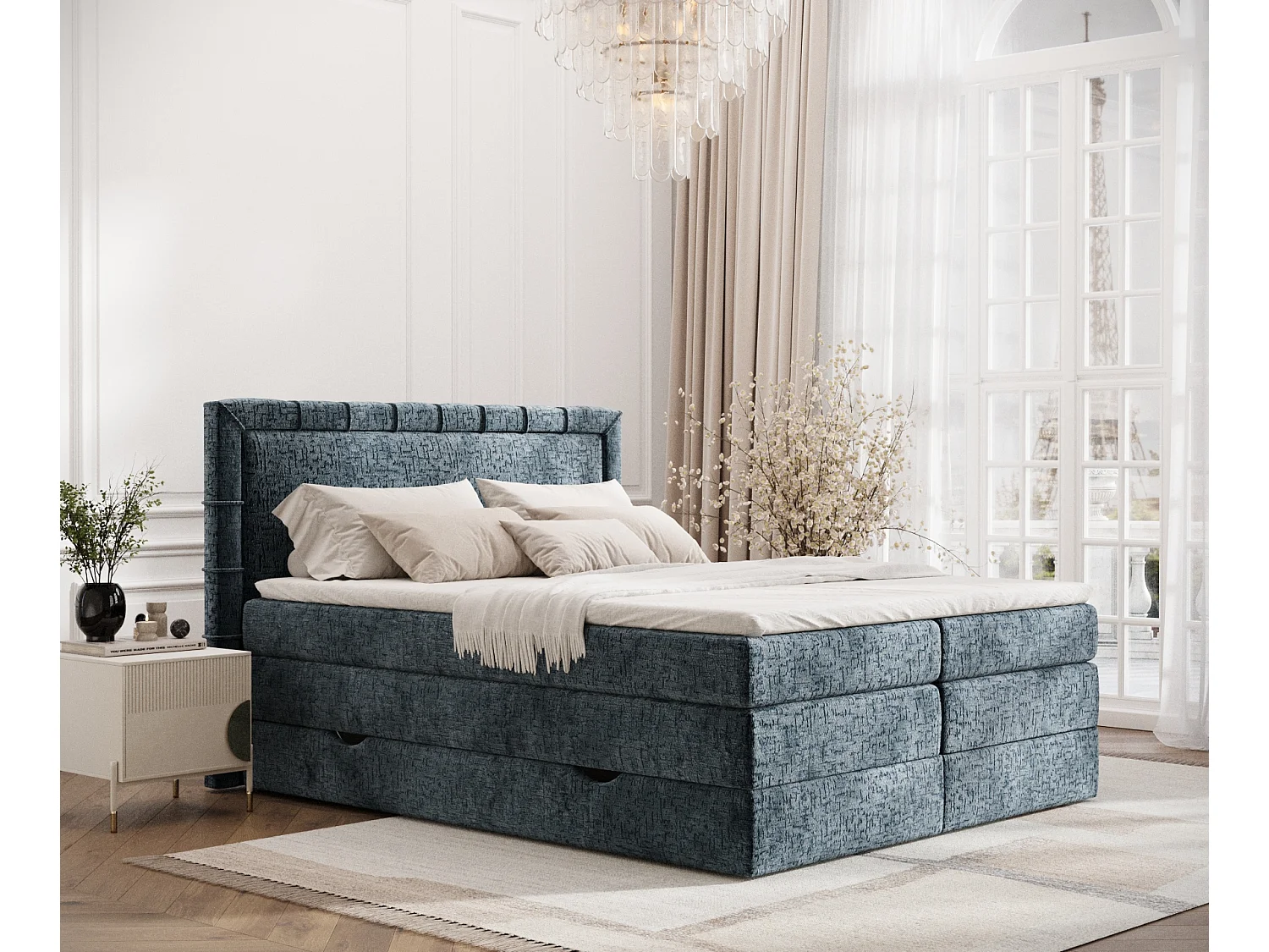 Łóżko boxspring w tkaninie szenilowej Rosabel - materac - topper - 140x200 cm - niebieski 3982590 - obrazek 1