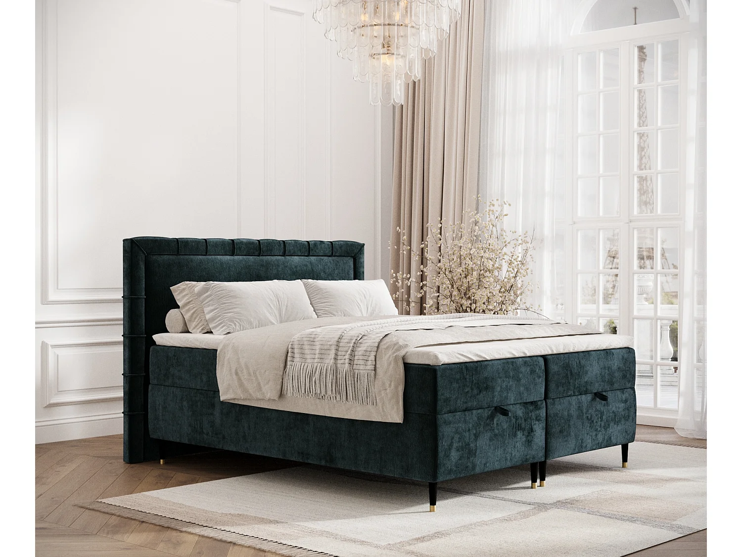 Łóżko boxspring w tkaninie szenilowej Voyage - materac - topper - 200x200 cm - teal 3982595 - obrazek 1