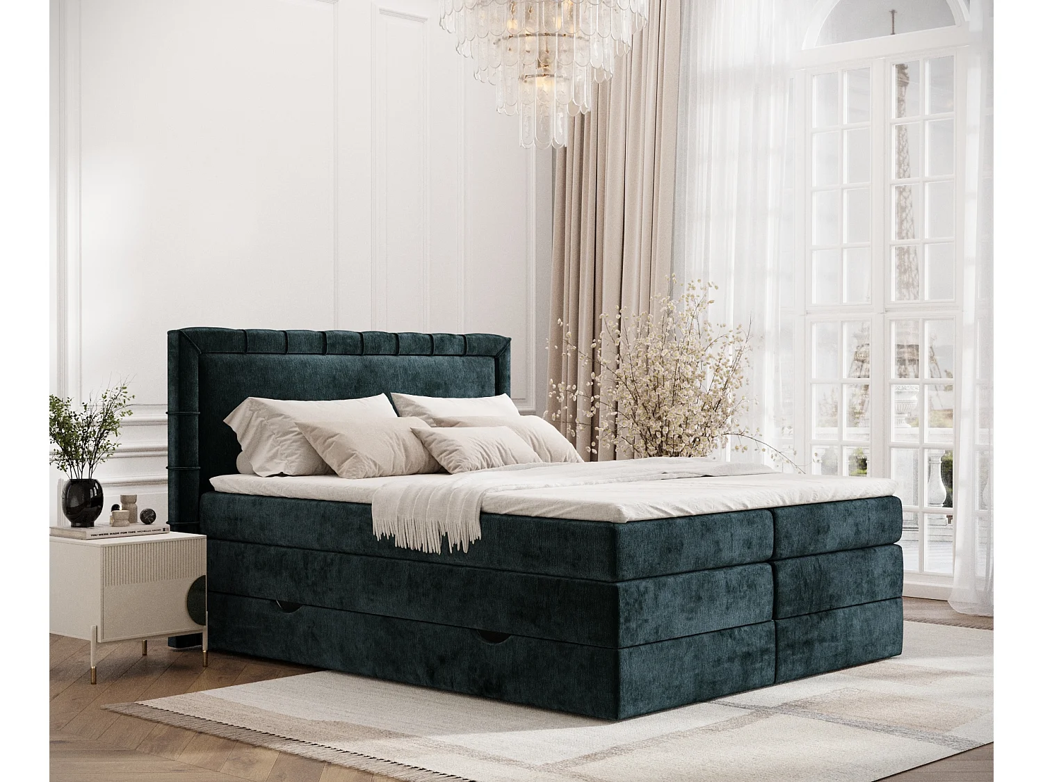 Łóżko boxspring w tkaninie szenilowej Rosabel - materac - topper - 140x200 cm - teal 3982605 - obrazek 1