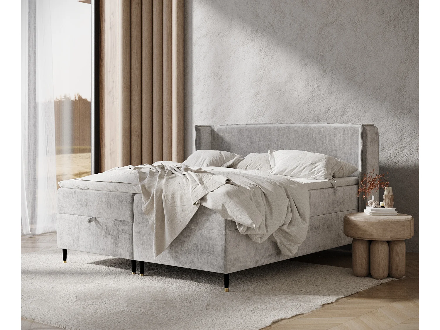 Łóżko boxspring w tkaninie szenilowej Monpelli - materac - topper - 160x200 cm - jasnoszary 3982601 - obrazek 1
