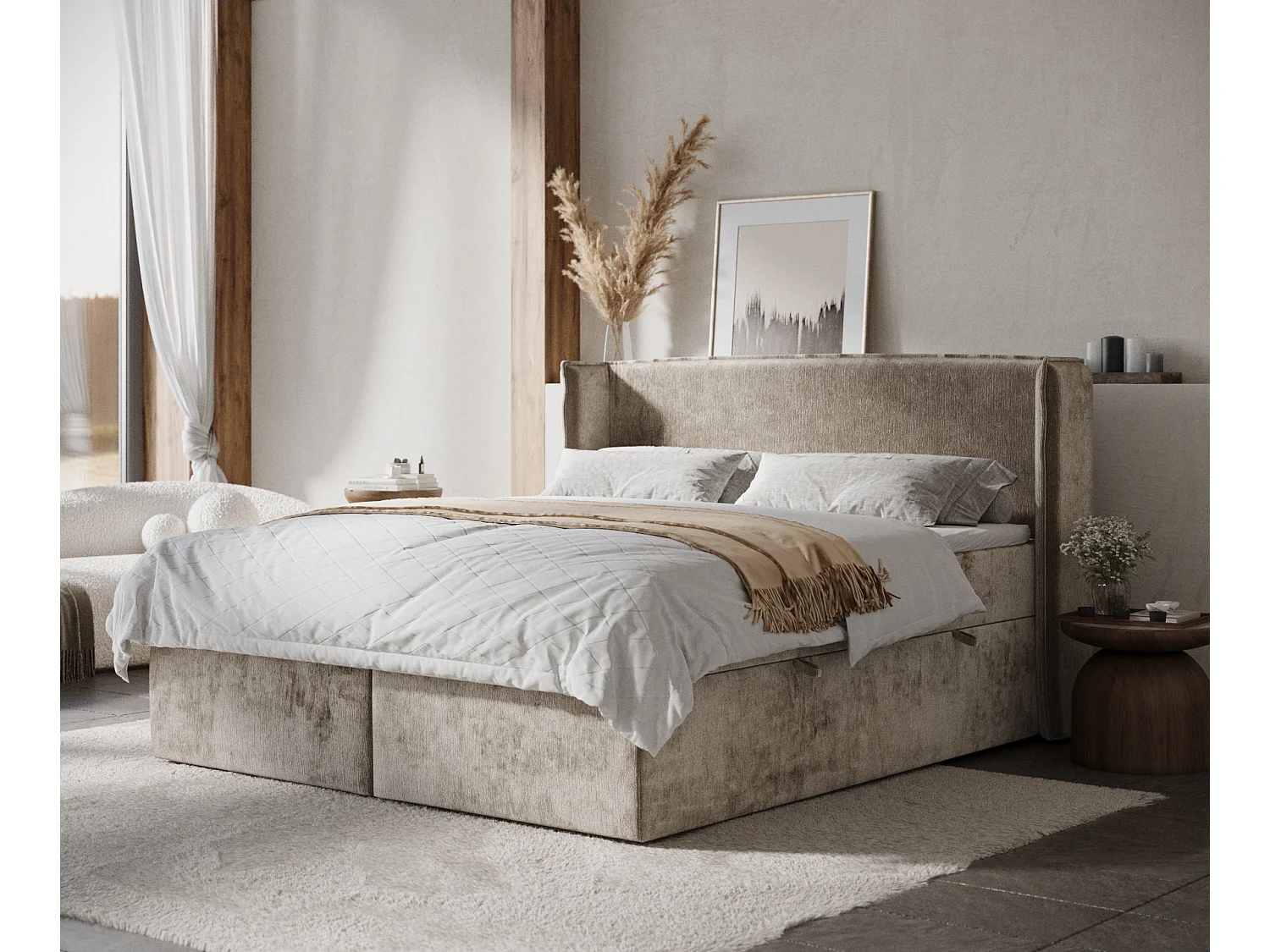 Łóżko boxspring w tkaninie szenilowej Skyline - materac - topper - 180x200 cm - beżowy 3982604 - obrazek 1