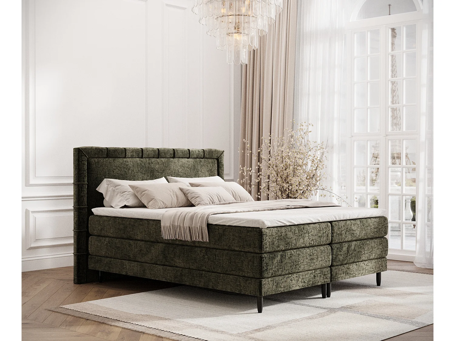 Łóżko boxspring w tkaninie szenilowej Rimini – materac – topper – 140×200 cm – oliwkowy 3982621