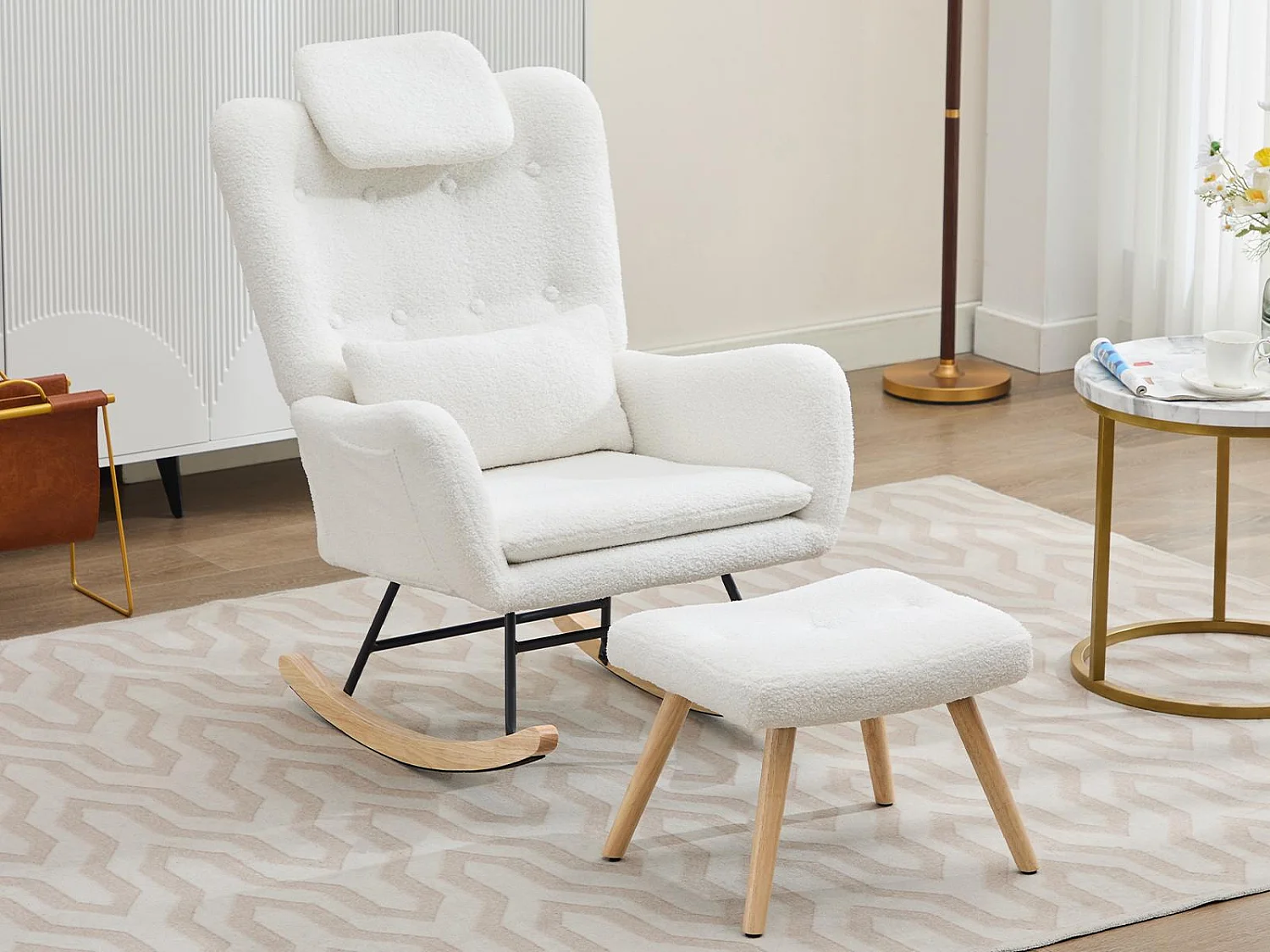 Fotel bujany – z podnóżkiem – Welur – Biały 3988663