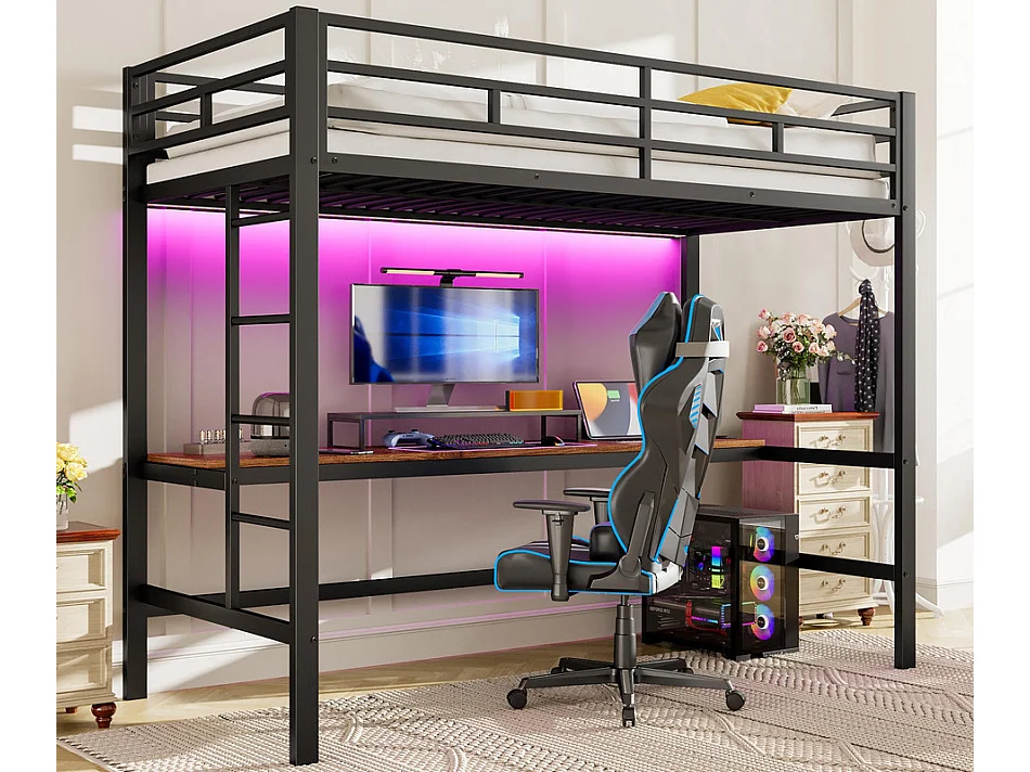 Łóżko mezzanine 90x200 cm - z barierkami - z drabiną - stół z USB i gniazdami - oświetlenie LED przewodowe - metal - czarny (materac nie jest w zestawie) 3989413 - obrazek 1