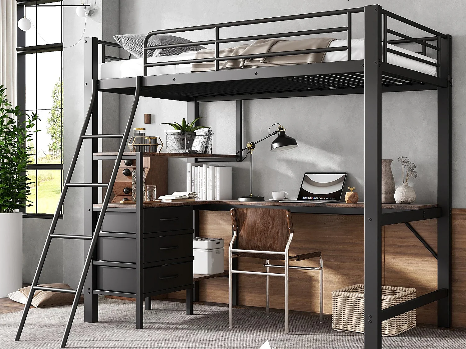 Łóżko mezzanine 90x200cm - z 3 szufladami - z 2m długim stołem - nachylona drabinka czterostopniowa - metal + płyty wiórowe - czarne (bez materaca) 3989410 - obrazek 1