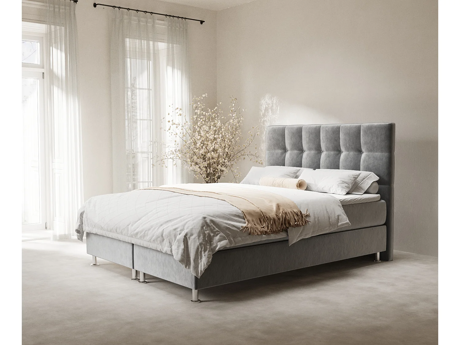Łóżko boxspring w tkaninie welwetowej Chanton - materac - topper - 180x200 cm - szary 3991371 - obrazek 1