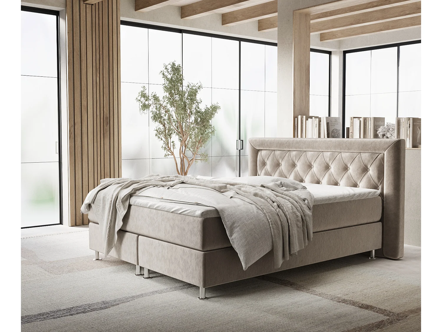 Łóżko boxspring w tkaninie welwetowej Lavello - materac - topper - 160x200 cm - taupe 3991403 - obrazek 1