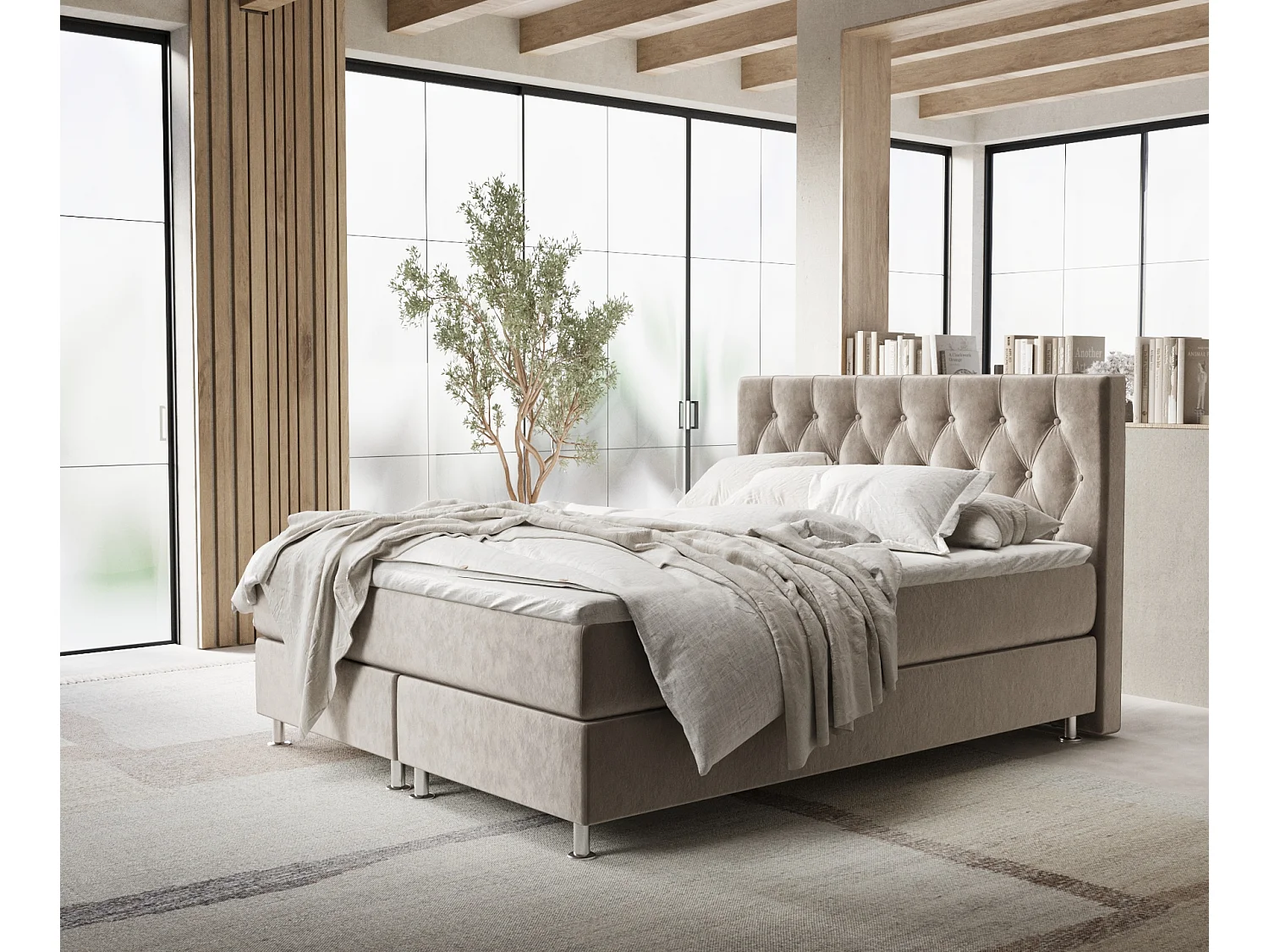 Łóżko boxspring w tkaninie welwetowej Excelsior - materac - topper - 200x200 cm - taupe 3991408 - obrazek 1