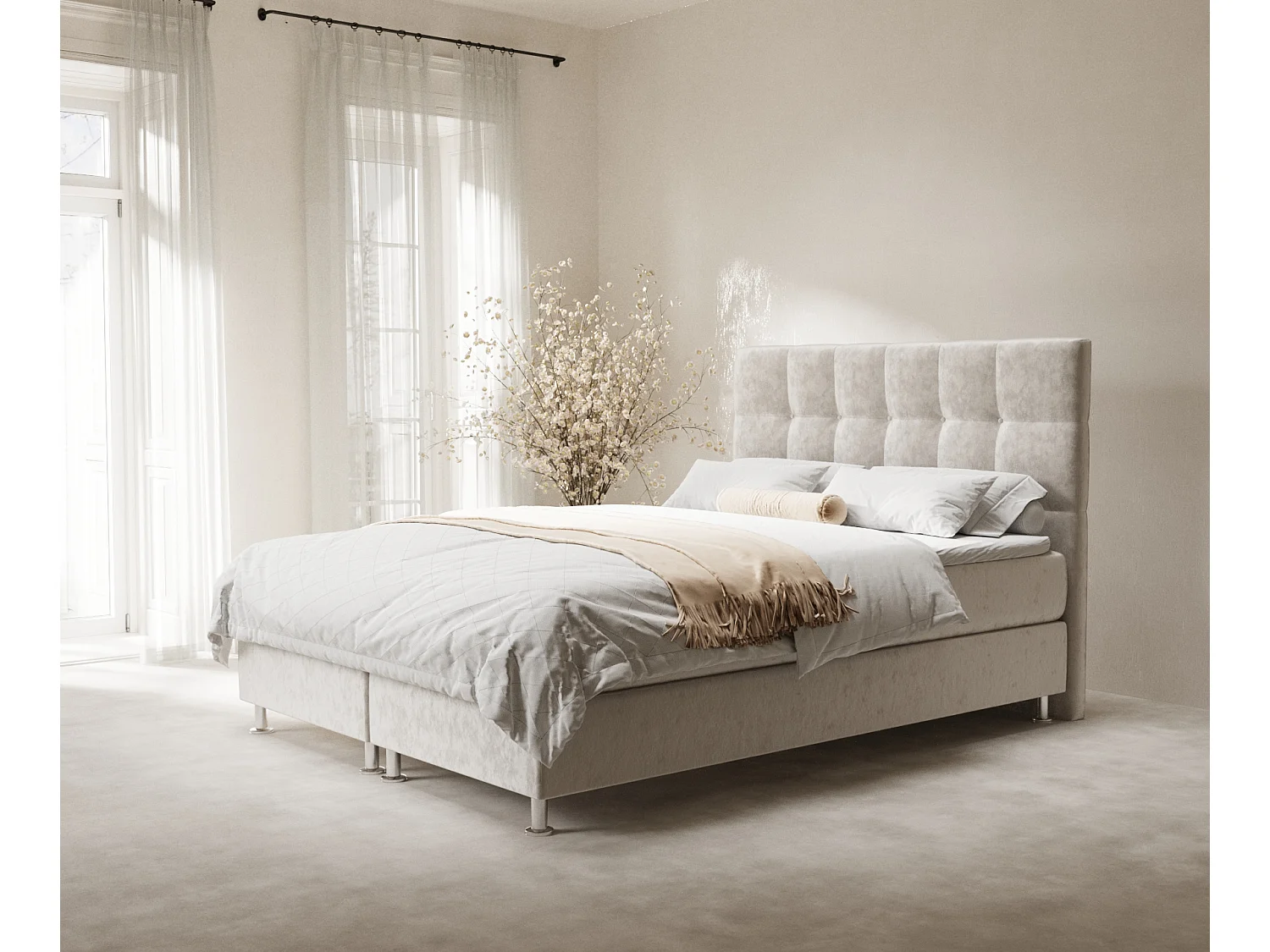 Łóżko boxspring w tkaninie welwetowej Chanton - materac - topper - 140x200 cm - jasnobeżowy 3991413 - obrazek 1