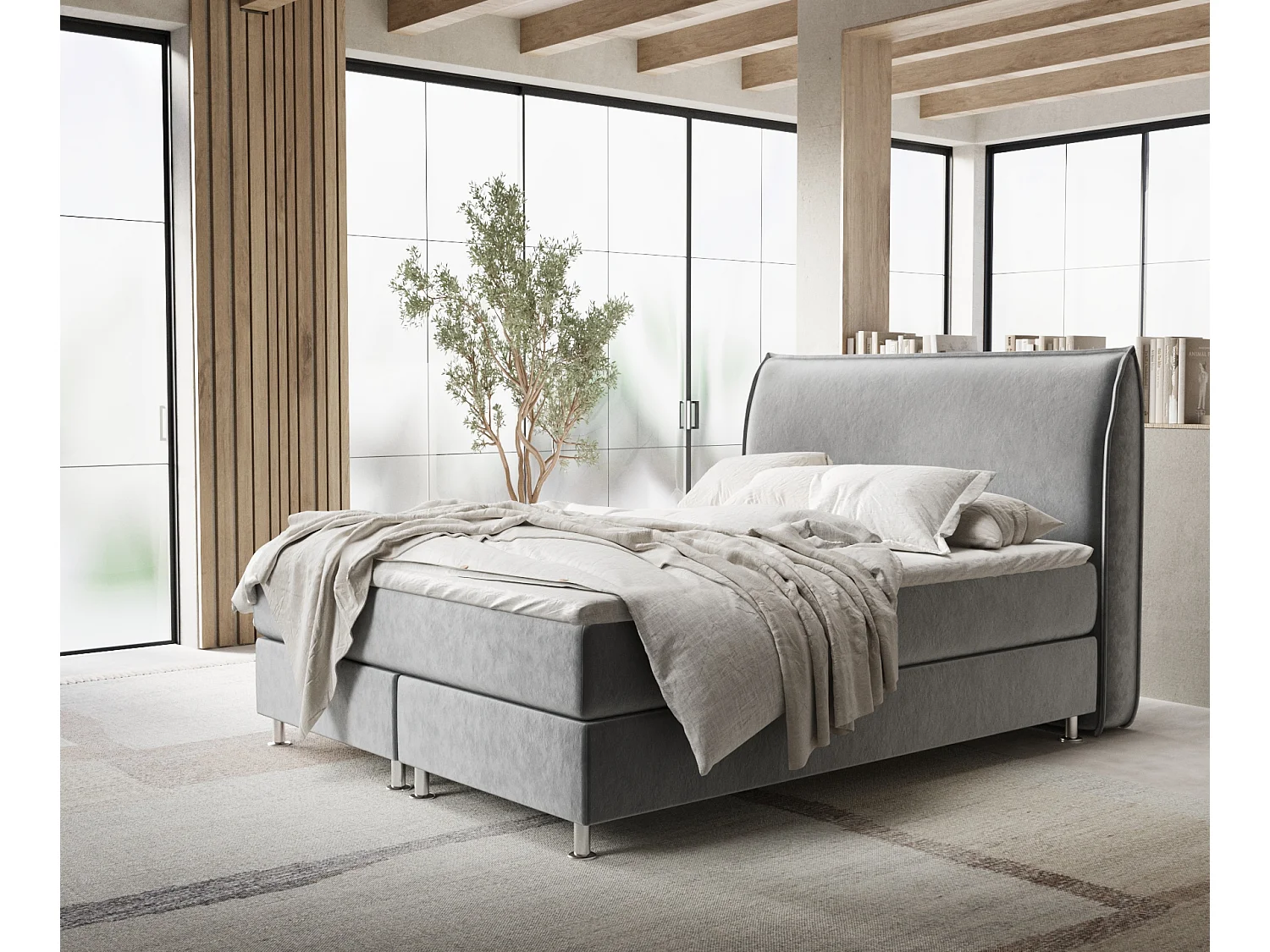 Łóżko boxspring w tkaninie welwetowej Chermin - materac - topper - 160x200 cm - szary 3991429 - obrazek 1