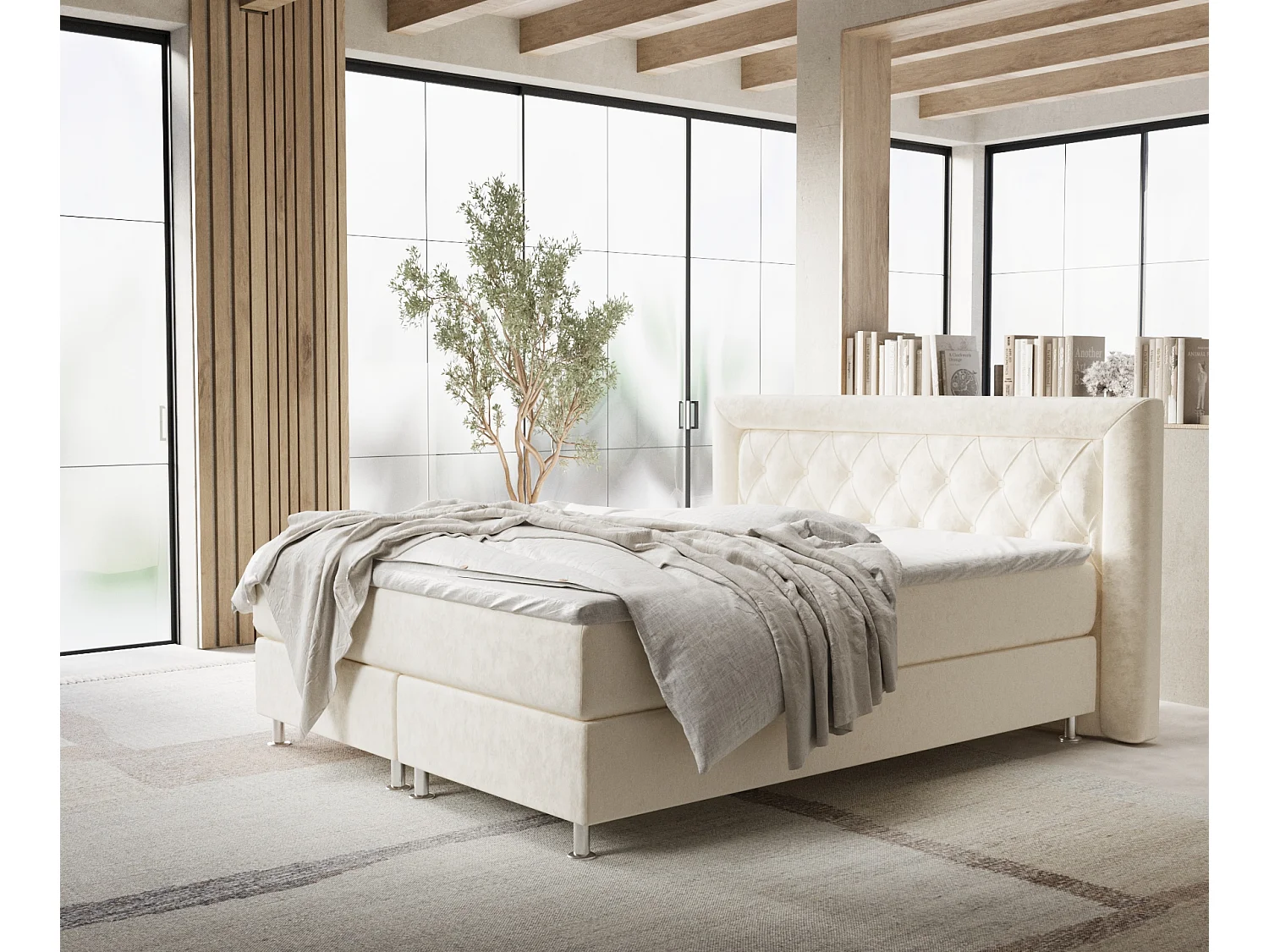 Łóżko boxspring w tkaninie welwetowej Lavello - materac - topper - 140x200 cm - kremowy 3991488 - obrazek 1