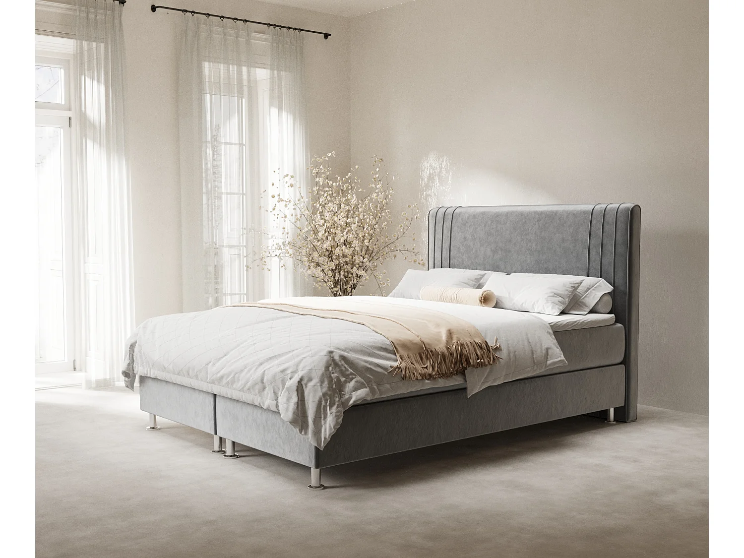 Łóżko boxspring w tkaninie welwetowej Casone - materac - topper - 180x200 cm - szary 3991485 - obrazek 1